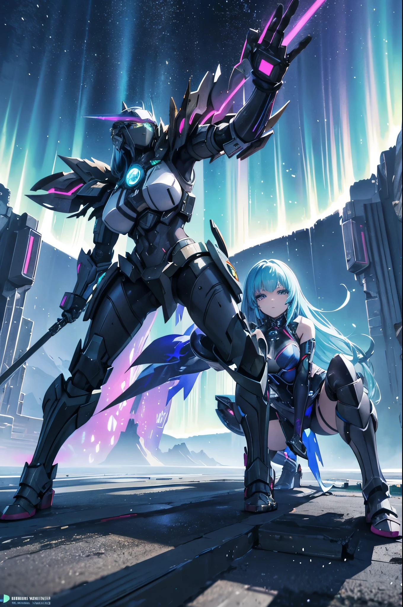 3D Render abstract background, aurora borealis, Masterpiece, high resolution, with anime style beautiful women wearing ancient armor with cyberpunk elements, magic cicle, RTX, amazing anime illustration, impressive lighting, fantastic, dangerous, monstrous, dynamic fight pose