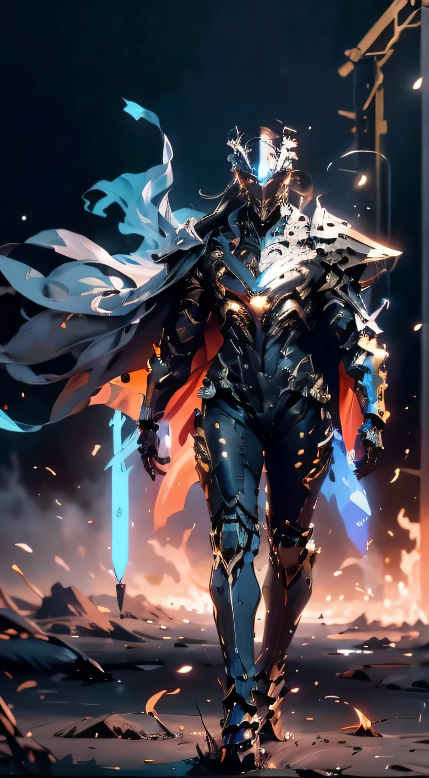 A mech, silver-gold long ponytail and waist, V-shaped mechanical helmet, helmet eyes with gold light, wearing a black sexy mech suit, white torn cape swaying in the wind, pull out a delicate gold glowing sword, standing in the flames with huge roaring mechanical heads and robotic arms in the background, lifelike, best picture quality, highest definition and clarity, original, surrealism, high detail, futurism, action painting, chiaroscuro, ray tracing, motion blur, cowboy lens, Battle pose drawing, layering, full body display, cyberpunk style, full body photo, holding red saber sword