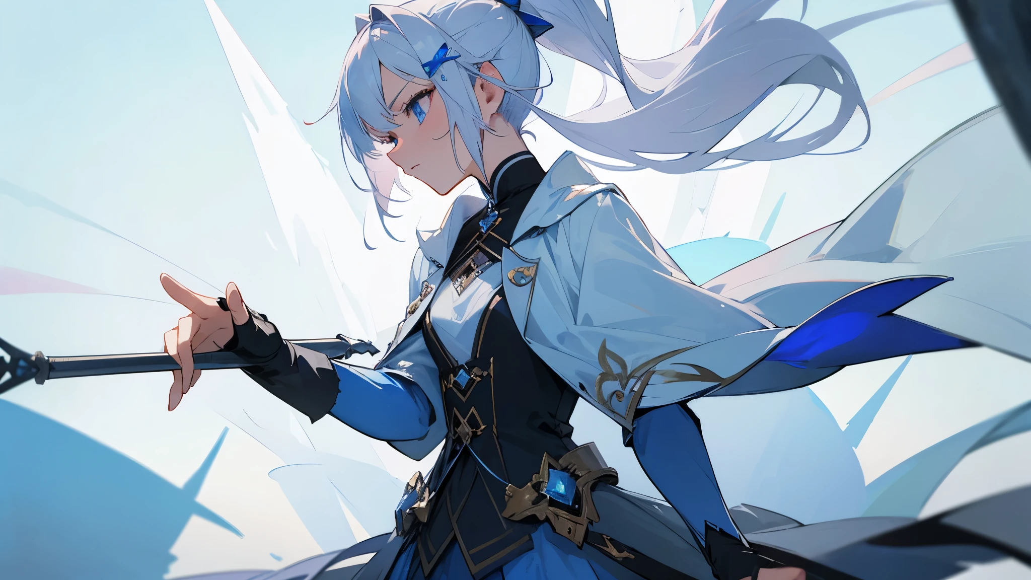 One Woman (19 Years Old) Flat chest, with White Hair (Medium ponytail style), Beautiful Blue Eyes, Ice Flower Hair clip, Aristocrat's Fantasy outfit, Spear on the back