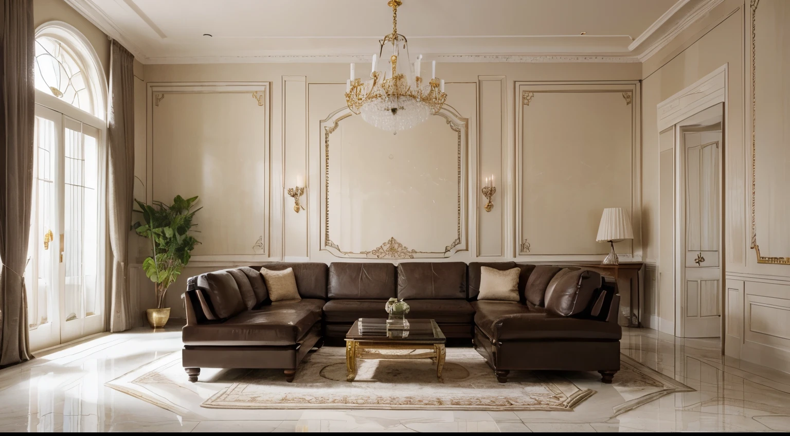 high resolution photography interior design, dreamy sunken living room conversation pit, big leather couch looking royal, marble floor, high ceiling, beige black white pastel palette, interior design magazine, cozy atmosphere