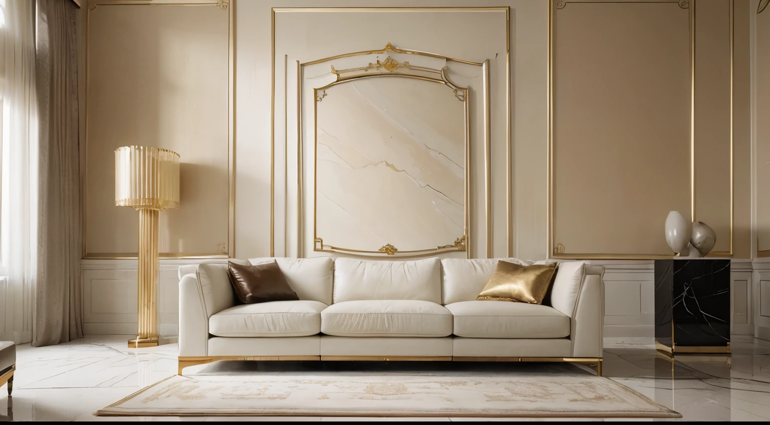 high resolution photography interior design, dreamy sunken living room conversation pit, big leather couch looking royal, marble floor, high ceiling, beige black white pastel palette, interior design magazine, cozy atmosphere