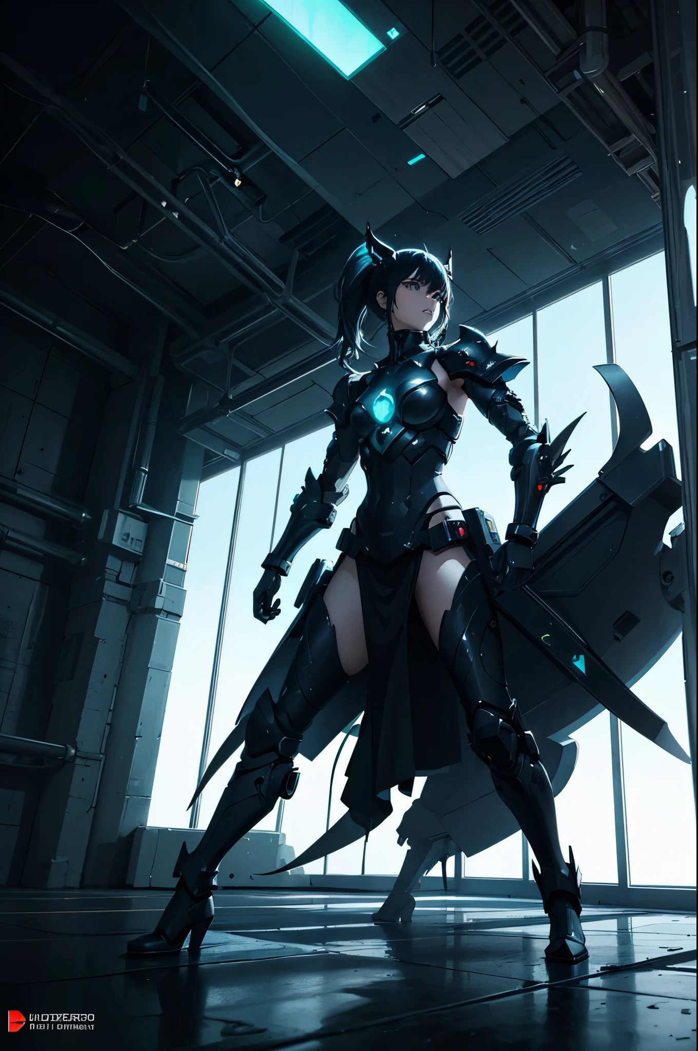 3D Render abstract background, aurora borealis, Masterpiece, high resolution, with anime style beautiful women wearing ancient armor with cyberpunk elements, magic cicle, RTX, amazing anime illustration, impressive lighting, fantastic, dangerous, monstrous, dynamic fight pose