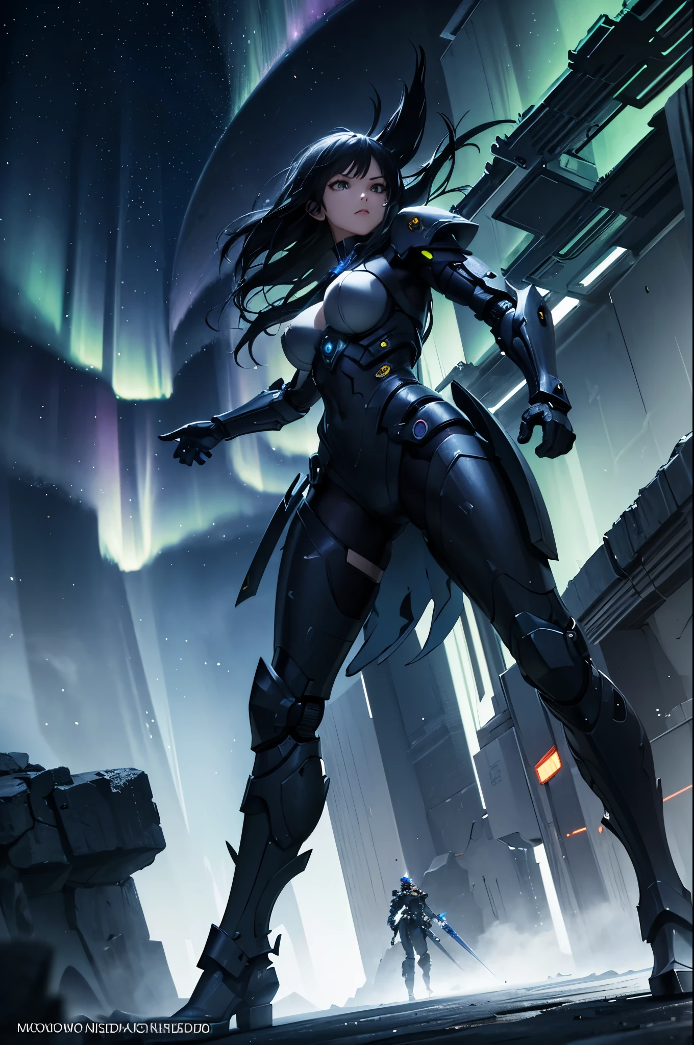 3D Render abstract background, aurora borealis, Masterpiece, high resolution, with anime style beautiful women wearing ancient armor with cyberpunk elements, magic cicle, RTX, amazing anime illustration, impressive lighting, fantastic, dangerous, monstrous, dynamic fight pose
