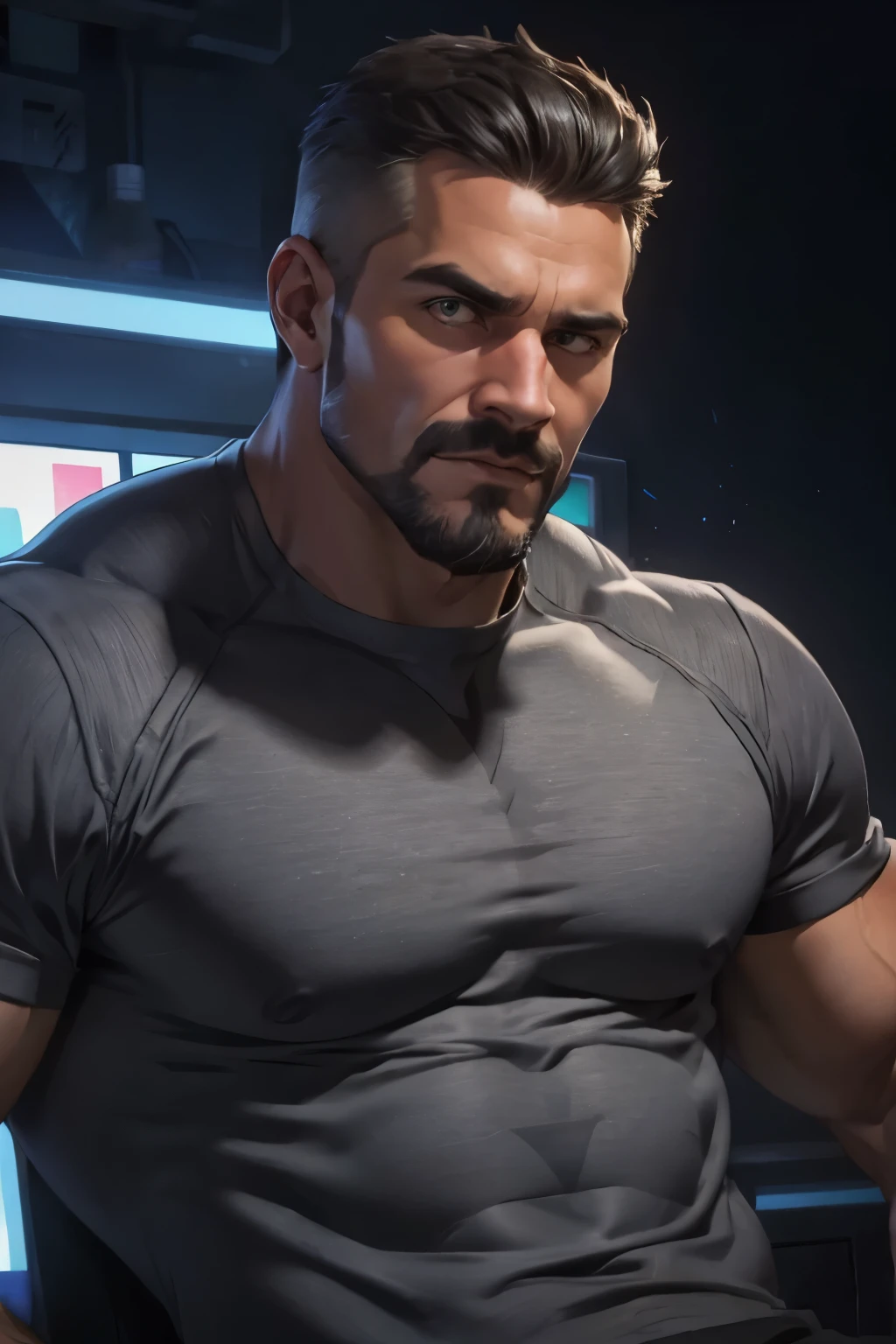 Masterpiece, Best Quality, Ultra Detailed, 1man, mature male, muscular, hunk, bara, jock, beef, black skin, black, taned skin, latino, 36 years old, black hair, grizzly hair, goatee, overcut hair, looking at the viewer, serious expression, gray shirt, half body shot, sci-fi background