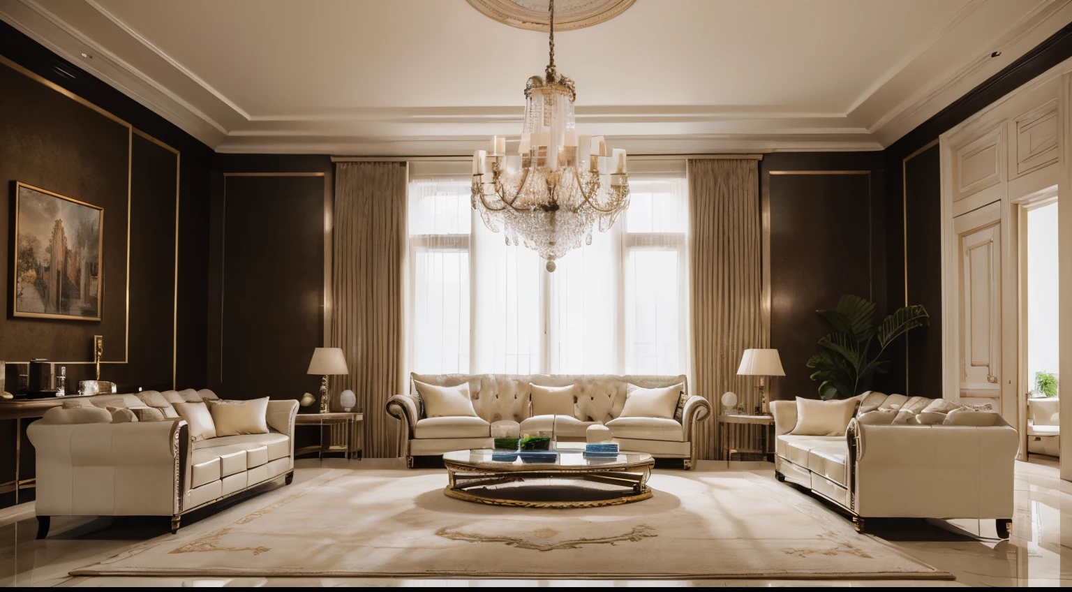 high resolution photography interior design kitchen, dreamy sunken living room conversation pit, big leather couch looking royal, marble floor, high ceiling, beige black white pastel palette, interior design magazine, cozy atmosphere