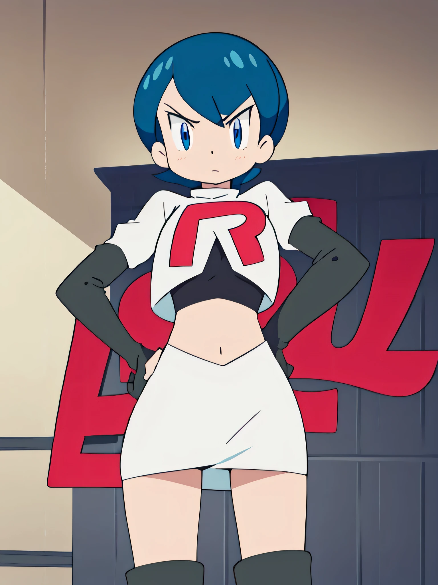 8k,1girl in, (solo:1.1), (perfect body:1.1), (best quality:1.1), very large breast, team rocket uniform, red letter r, white skirt,white crop top,black thigh-high boots, black elbow gloves, glaring angrily, looking down at viewer, hands on hips,zettai ryouiki,cowboy shot