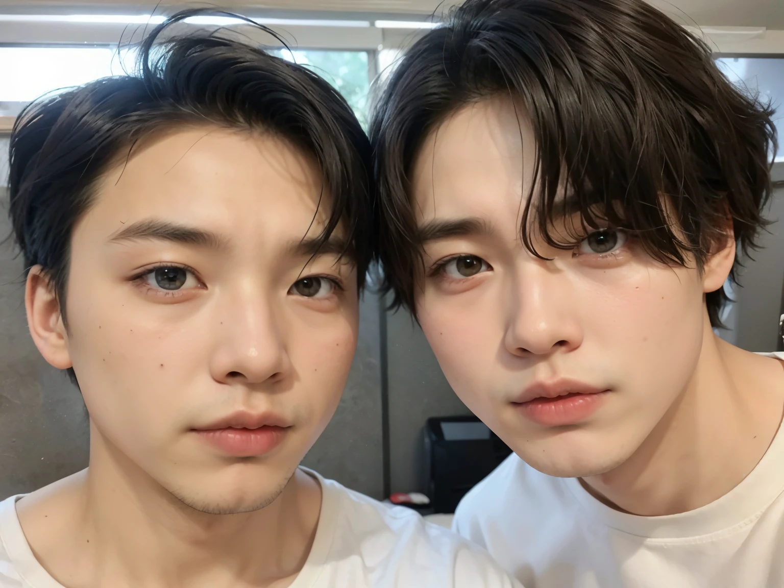 Two Asian men posing for a photo in a bedroom, Gunwoo Kim e J.Dickenson, Jimin\the right eyelid is swollen, nixeu and Sakimichan, taejune kim, they are close to each other, Sakimichan, Jimin\o nariz grego, they both have red lips, Kim Doyoung, sfw, twins