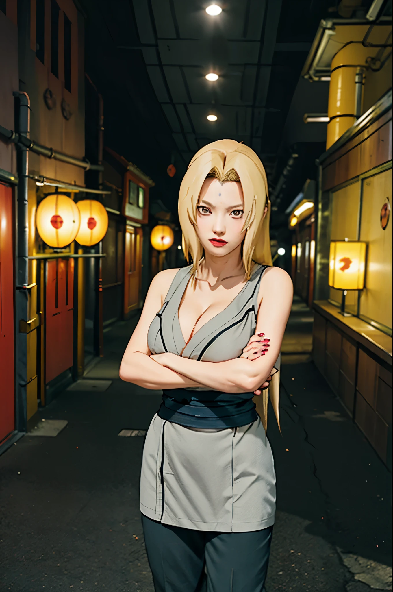Best quality, masterpiece, ultra high res, (photorealistic:1.4), blond woman in a gray dress, black pants, and kungfu shoes standing in a city street, tsunade from naruto, posing in neo - tokyo futuristic, yayoi kasuma, inspired by Tadanori Yokoo, in neo tokyo, kunoichi, mid shot portrait, japanese woman, big curvy breast, cleavage