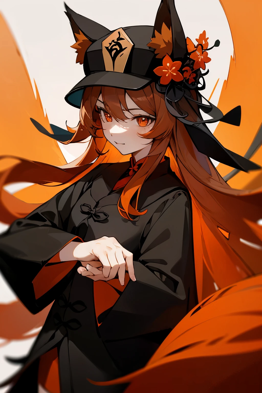 1girl,(orange hair, orange fox ears, orange fox tail, red eyes),  hu tao hat, orange long hair, black shorts, black clothes, animal ear fluff, long hair,  red eyes, flower, hat,black long sleeves, bangs, hat flower, black headwear