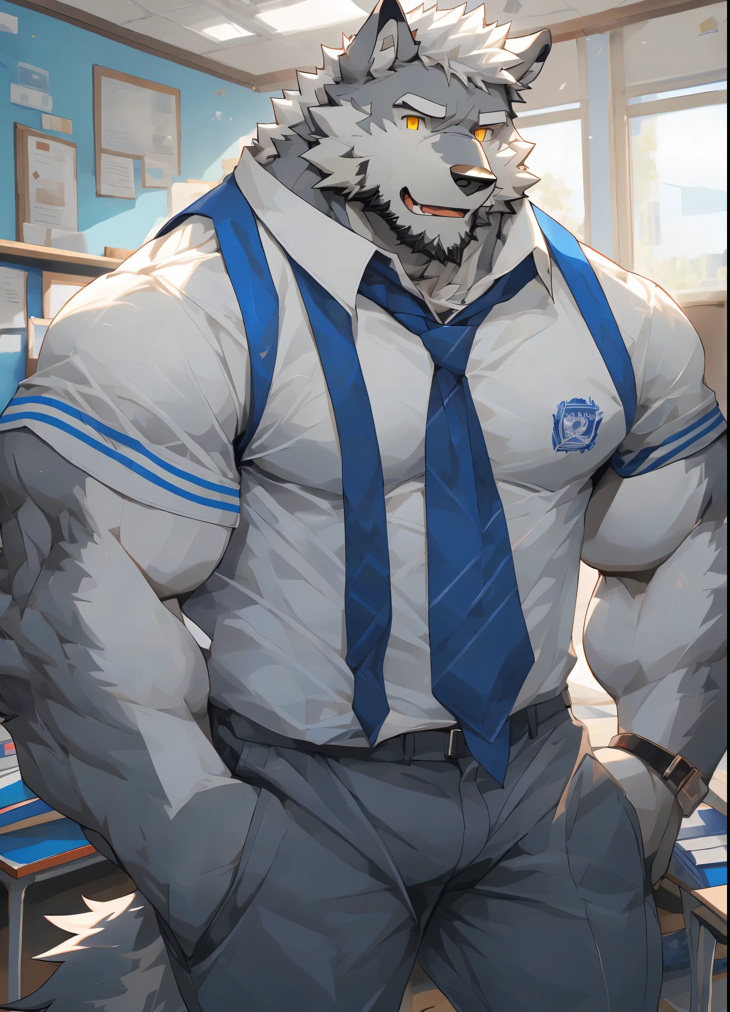 (masterpiece),(Very detailed),(best quality),hairy,Wolf,gray fur,white hair,golden pupils,muscular,(Blue and white school uniform 1.2),Gray pants,room background,8k,((high quality))