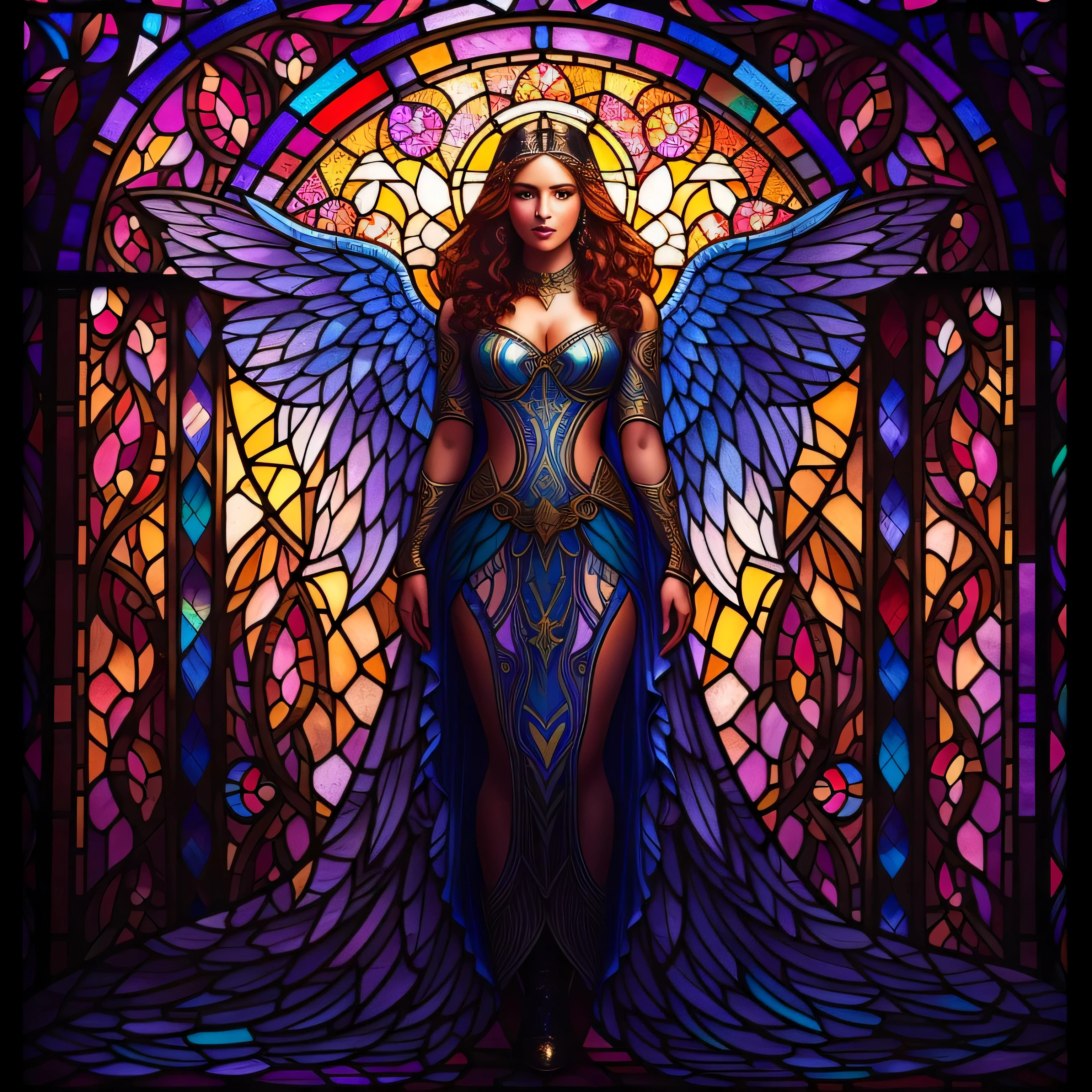 Beautiful woman with wings depicted in a stained glass window, beautiful female angel, glowing stained glass, maxim verehin stained glass, goddess. extremely high detail, stained glass wings, stained glass tarot style, beautiful angel, in the art style of dan mumford,,