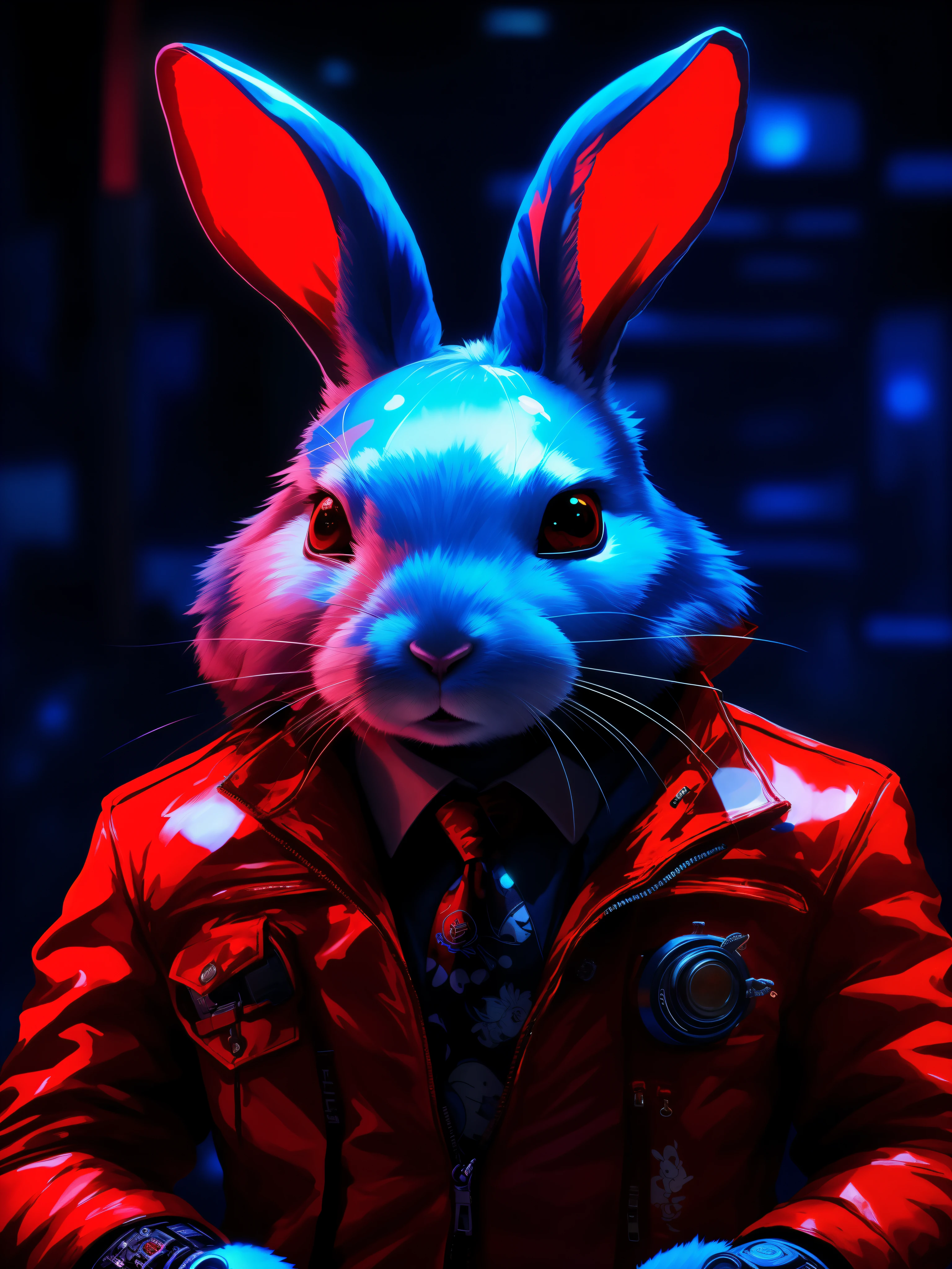 arafed rabbit in a red jacket and tie with a blue light, electrixbunny, anthropomorphic rabbit, cyborg jackalope cyberpunk, bunnypunk, rabbt_character, alice in wonderland cyberpunk, wojtek fus, rabbit, bunny suit, from hotline miami, portrait of a bugs bunny, the white rabbit, bad bunny