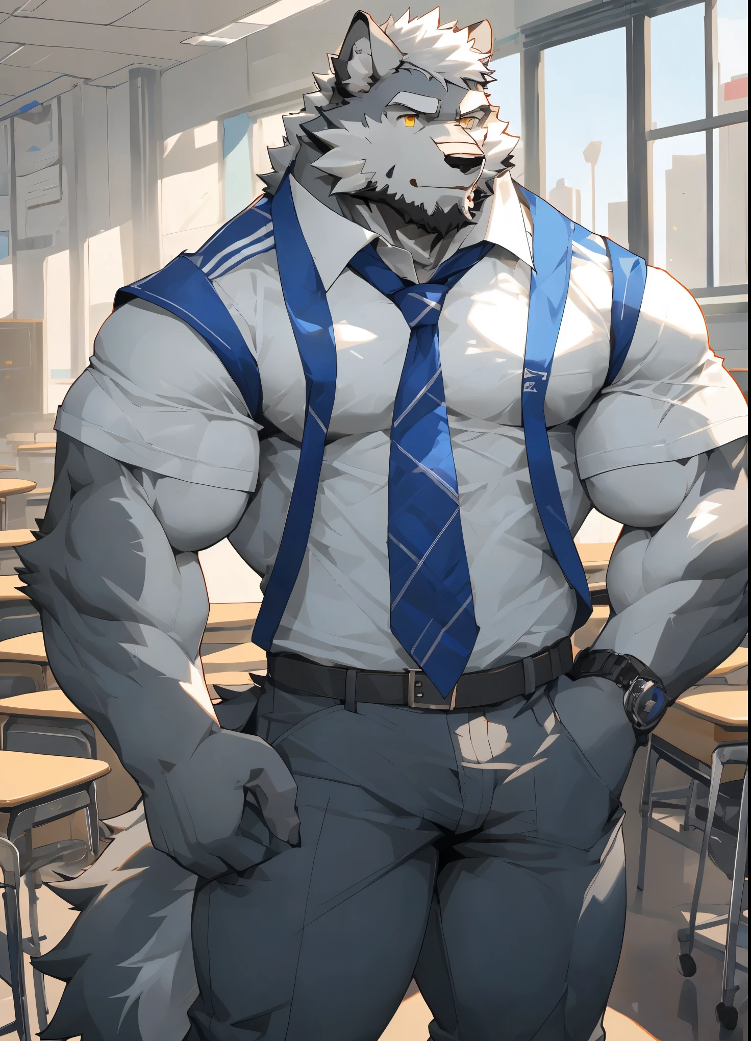 （masterpiece），（Very detailed），（best quality），hairy，Wolf，gray fur，white hair，golden pupils，muscular，（Blue and white school uniform 1.2），Gray pants，room background，8k，（（high quality））