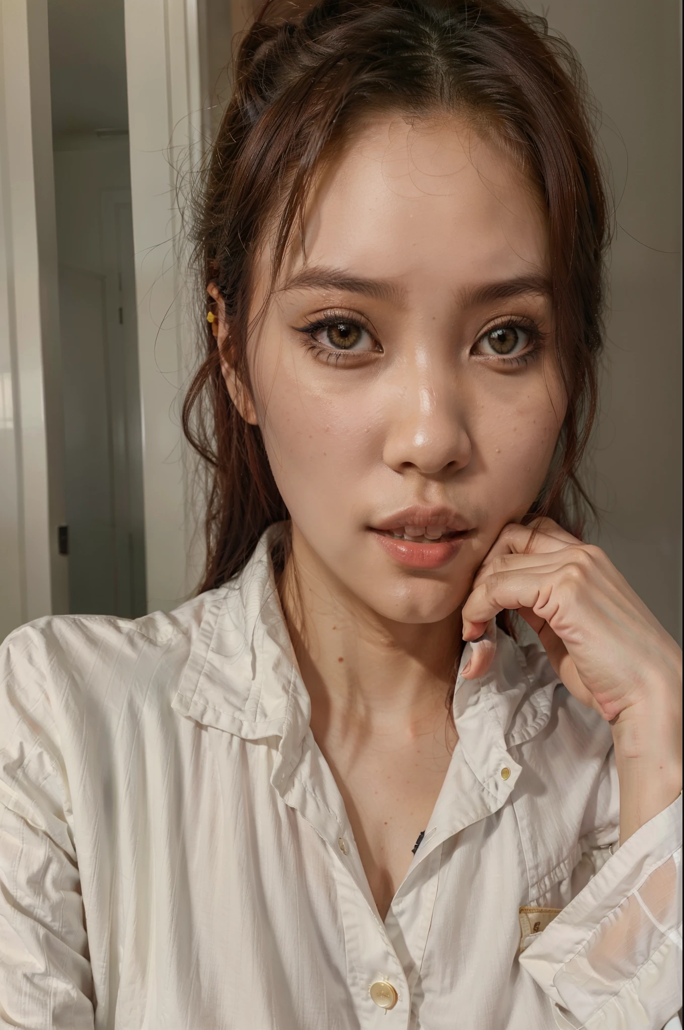 there is a woman Con cabello rojo and a striped shirt, muchacha coreana, ulzzang, Jennie rosa negra, heonhwa choe, jinyoung shin, 🤤 girl portrait, hermosa mujer surcoreana, sol yunjoo, kim taejin, Con cabello rojo, aparcar desde-min, hermosa joven coreana, jossi de blackpink, con pelo corto, con cara redonda