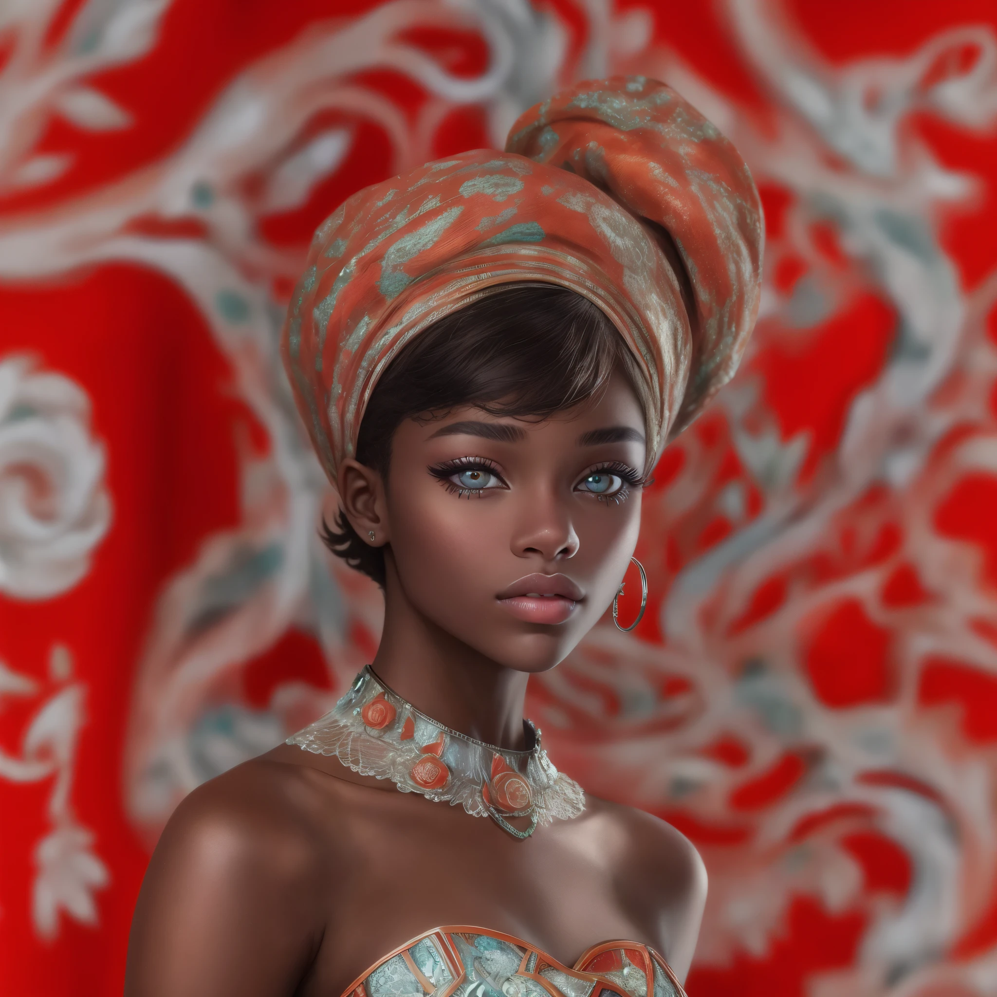 "Crie uma imagem deslumbrante de uma jovem de 18 anos, corpo nu, top model, olhos azuis, of Nigerian descent, irradiando uma beleza divina. Ela exibe um corpo escultural e sedoso, fleshy lips, that attract attention with their natural elegance. Place it on a typical regional image background, adding depth and authenticity to your magnetic aura, ((batom, esmalte vermelho brilhante)), breasts showing