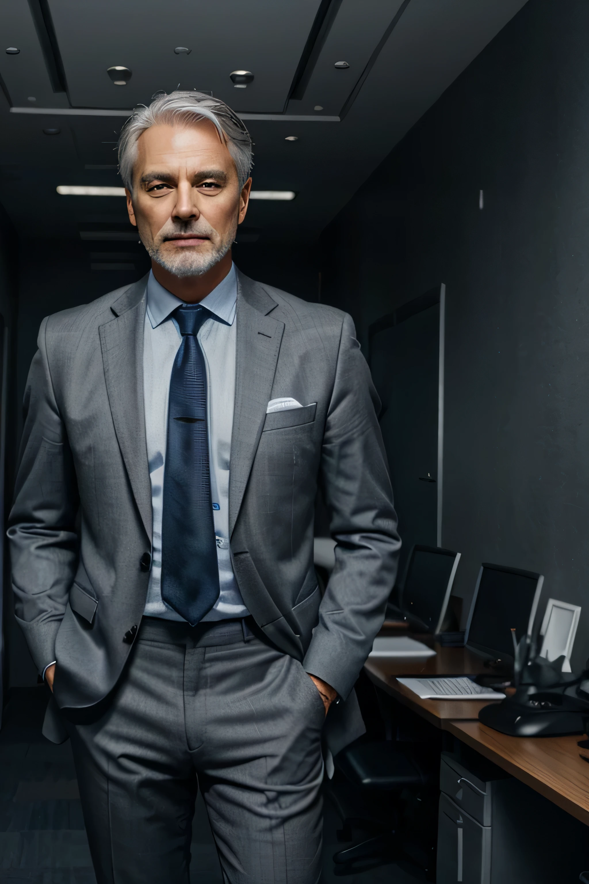 1 man, grey hair, blue eyes, black business suit, in an office, standing straight, looking happy, brown background