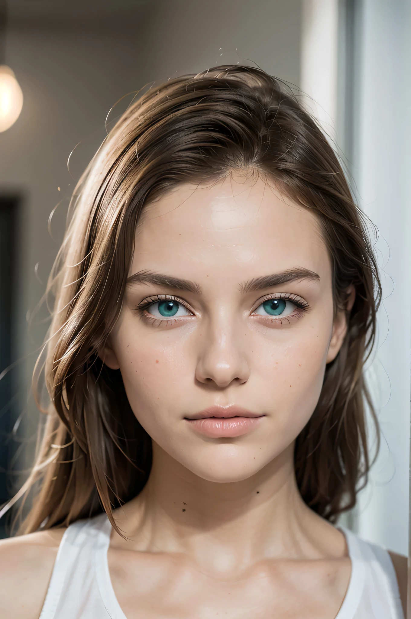 (RAW-Foto:1.2), (Fotorealistisch), Beautiful detailed blonde girl, Sehr detailiert eyes and face, Beautiful detailed green eyes, huge file size, high resolution, Sehr detailiert, best quality, [Tischplatte:1.6], Illustration, Sehr detailiert, Feines Detail, best quality, 32k-Hintergrundbild, perfekte Beleuchtung, 1 girl, 21 Jahre alt, perfect body shape, Brust ((C cup)), Niedliche Schlupfaugen, beautiful big green eyes, Licht in den Augen, Blonde lange Haare, Foto im AV-Stil, Kamelzehe, Portrait Bild, Frontal Sicht, Blick direkt in Kamera