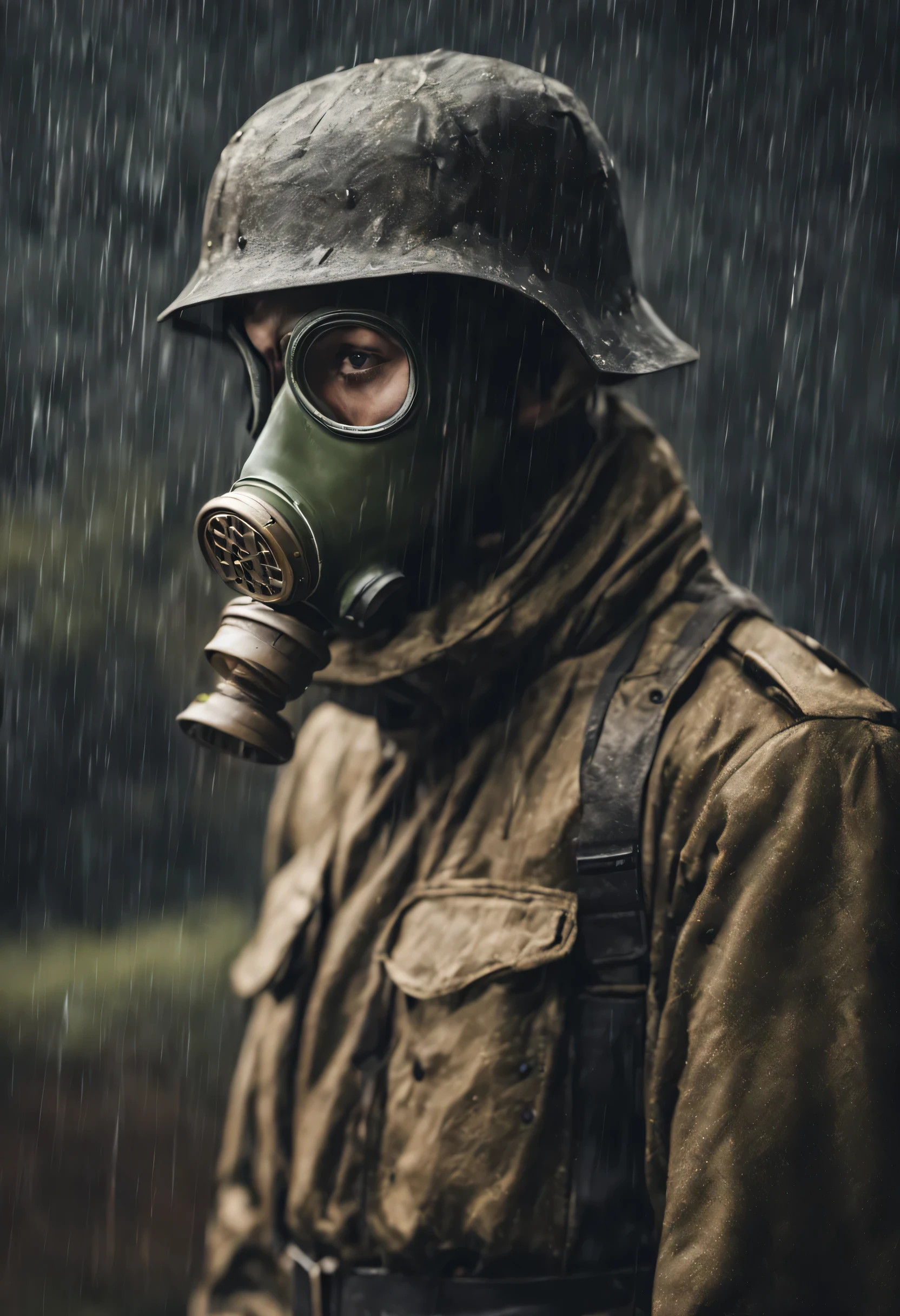 a soldier in a concentration camp wearing a gas mask in rainy weather, super realista e detalhado
