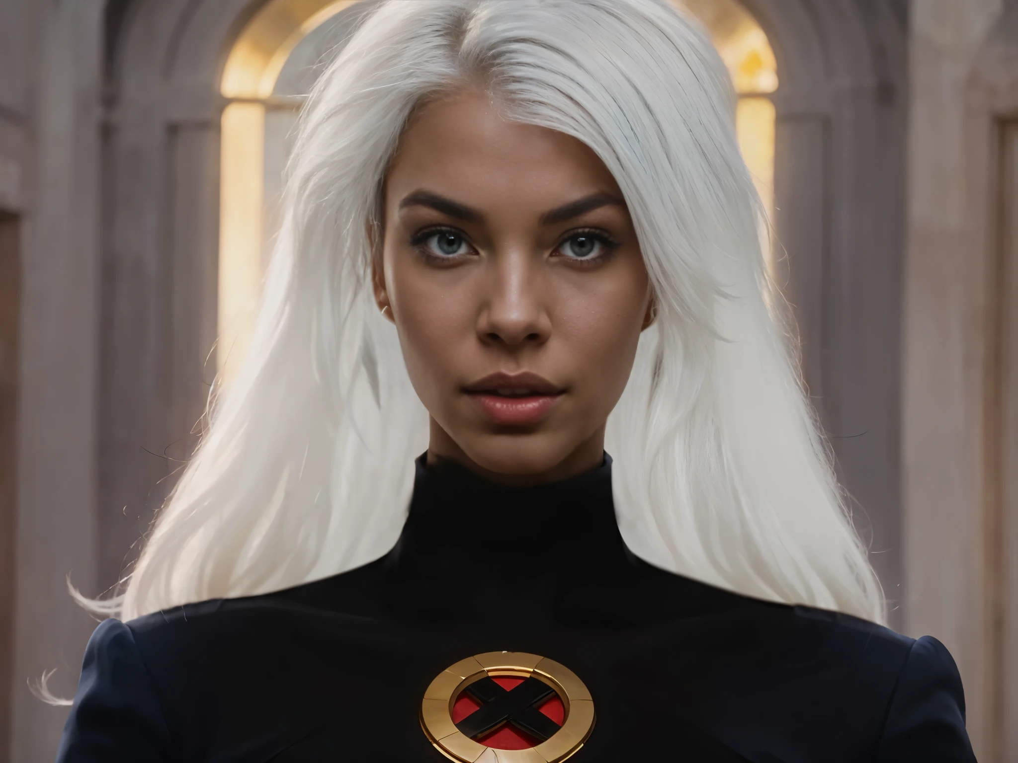 jean grey from xmen evolution series, white hair, ebony skin, blue eyes, phothotorealistic scene, dramatic, cinematic, 4k resolution, hyperdetailed, front view, close-up