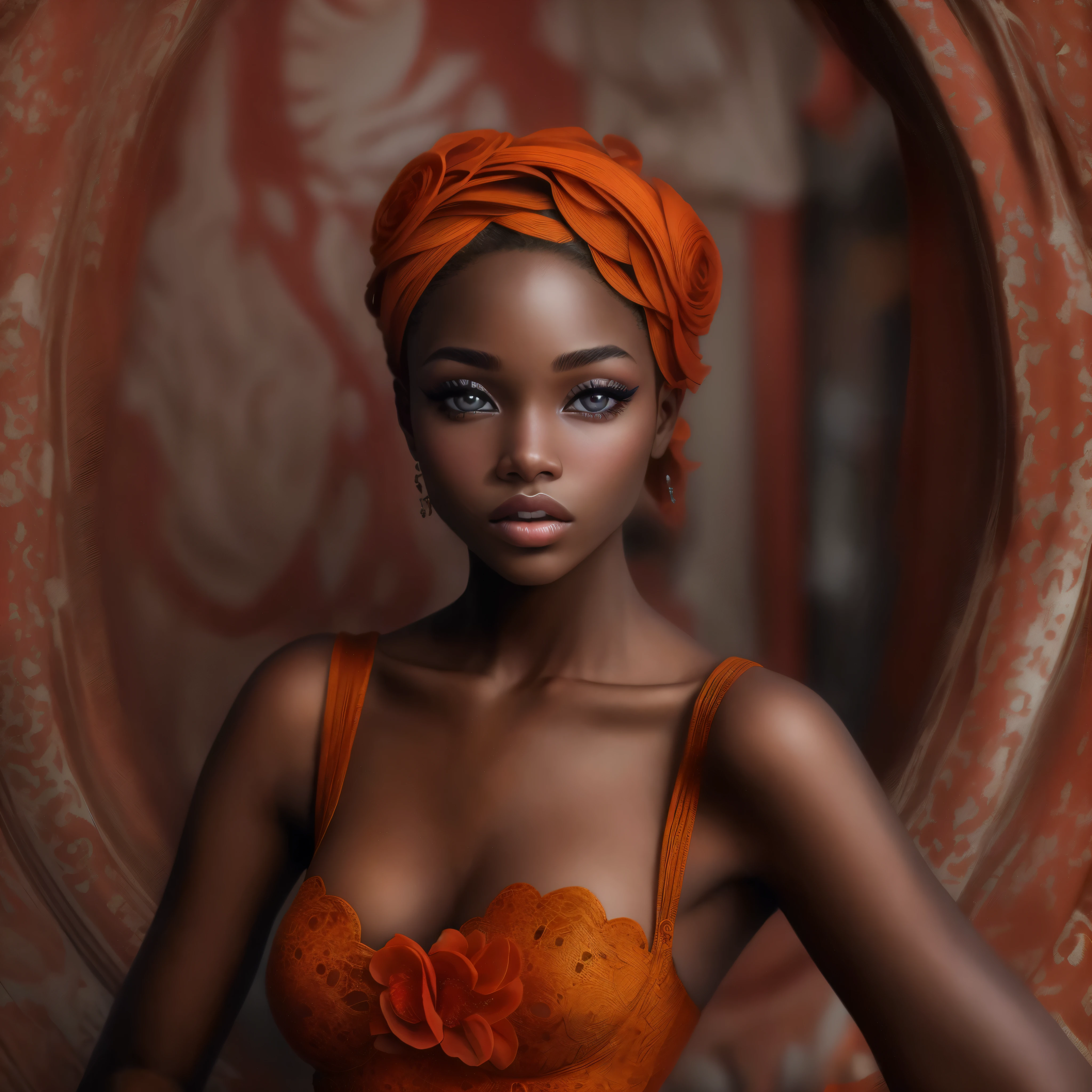 "Crie uma imagem deslumbrante de uma jovem de 18 anos, corpo nu, modelo top, olhos azuis, of Nigerian descent, irradiando uma beleza divina. Ela exibe um corpo escultural e sedoso, fleshy lips, that attract attention with their natural elegance. Place it on a typical regional image background, adding depth and authenticity to your magnetic aura, ((batom, esmalte vermelho brilhante)), seios mostrando 