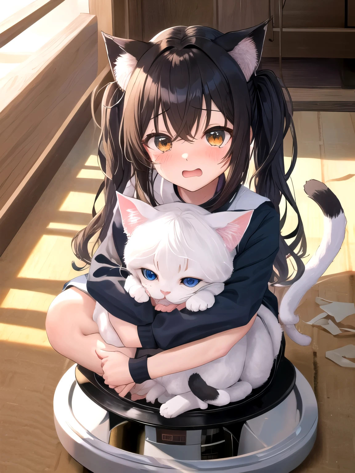 one day、Mi-chanとChibi-chanは、was playing at home。
Mi-chanは、riding on cat wheels、It was spinning around。
Chibi-chanは、Look at that、I thought it was very fun。
「Mi-chan、let me do it too！」とChibi-chanは言いました。
「OK、Let&#39;s do together！」とMi-chanは言いました。
and、The two got on the cat wheel.。
but、The cat wheel cannot bear the weight of two cats.、I lost my balance and fell down.。
「Kya！」The two were surprised.。

to that sound、The owner and other animals noticed and rushed over.。
「Are you okay？Mi-chan、Chibi-chan！」said the owner worriedly.。
「Are you okay？」とMi-chanはChibi-chanに聞きました。
「Yeah、Are you okay。but、I was a little surprised」とChibi-chanは言いました。
「sorry、it was my fault」とMi-chanは謝りました。
「OK、Mi-chan。It was fun」とChibi-chanは笑いました。
The owner and the animals were relieved to see that the two animals were safe.。
「Good for you。but、Be careful」said the owner。
「Yeah、thank you」said the two。
and、Let&#39;s all work together、I put the cat wheel back on.。
「Mi-chanとChibi-chan、We&#39;re good friends」said the owner。
「Nya」cried the two.。
