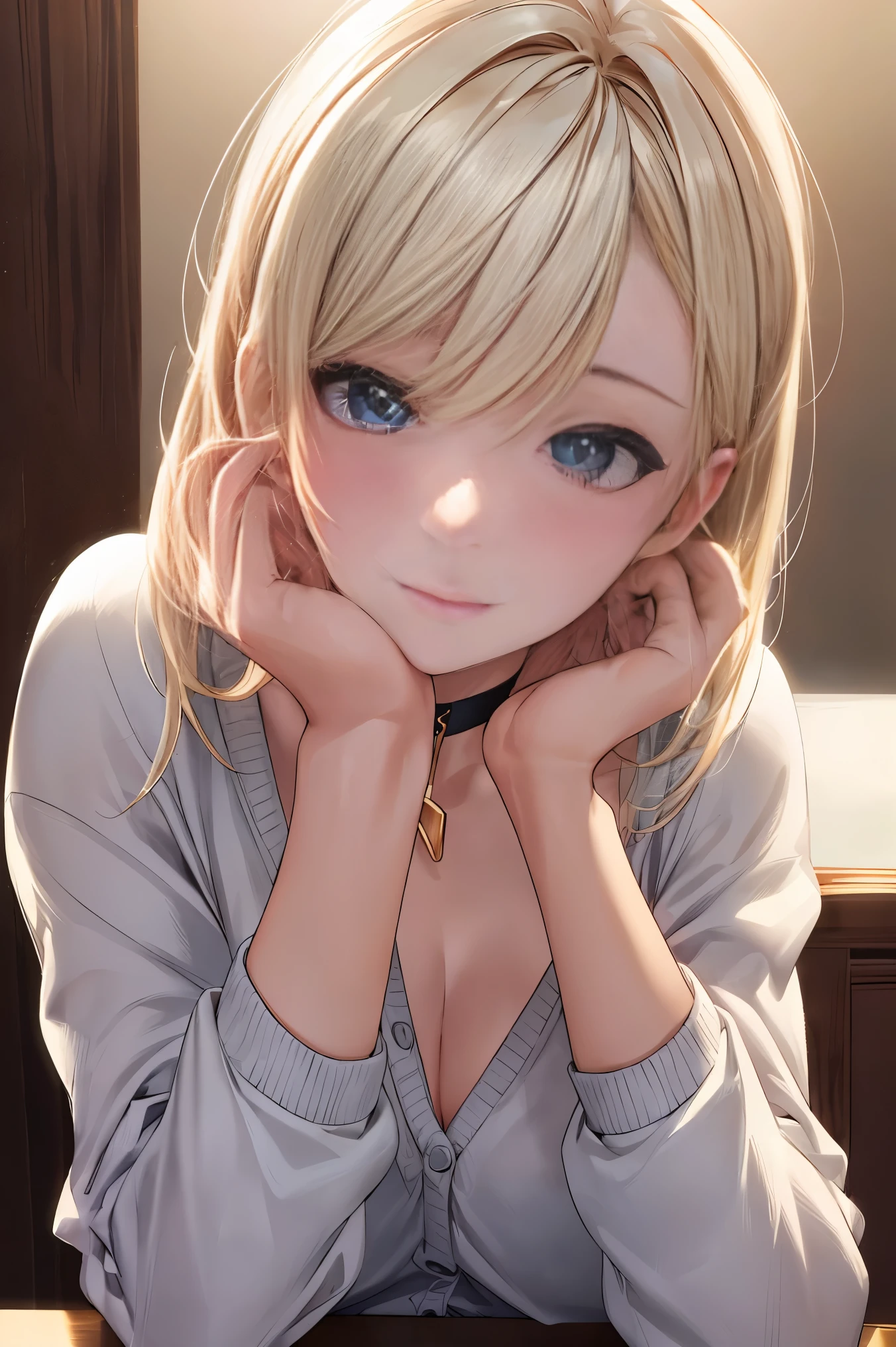 (Masseter muscle part:1.3)、(8k、Photoreal、RAW photo、highest quality: 1.4)、(1 girl)、beautiful face、(lifelike face)、(platinum blonde hair)、beautiful hairstyle、realistic eyes、beautiful details、（real looking skin）、beautiful skin、（shirt、cardigan）、absurd、charm、ultra high resolution、surreal、high detail、golden ratio、symmetrical、grassland, perfect anatomy, perfect anatomy, choker