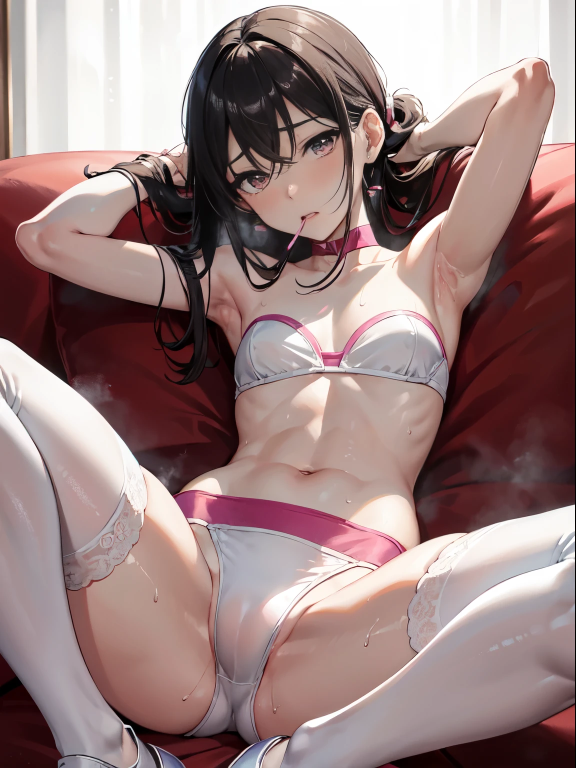 perfect male figure,boy,The light is shining,沙发上有一个白色短发和白色比基尼勒得很紧的的boy,pink skin under bikini, 动漫boy两腿张开,White sweat on inner thighs,The abdomen has a white color,Put your hands on your head,armpit,lying on the sofa, very sexy pose, lying on the sofa, lying down, lie flat, 美麗動漫boy, Anime Barbie wearing white knee-high stockings, pretty face,Beautiful arms and very thin calves,Wearing a strapless bikini bra, smooth pink skin,marks of strangulation,sweating,wet,(facial)blush,Open your mouth very wide,There is a white liquid in the mouth,sports shoes,