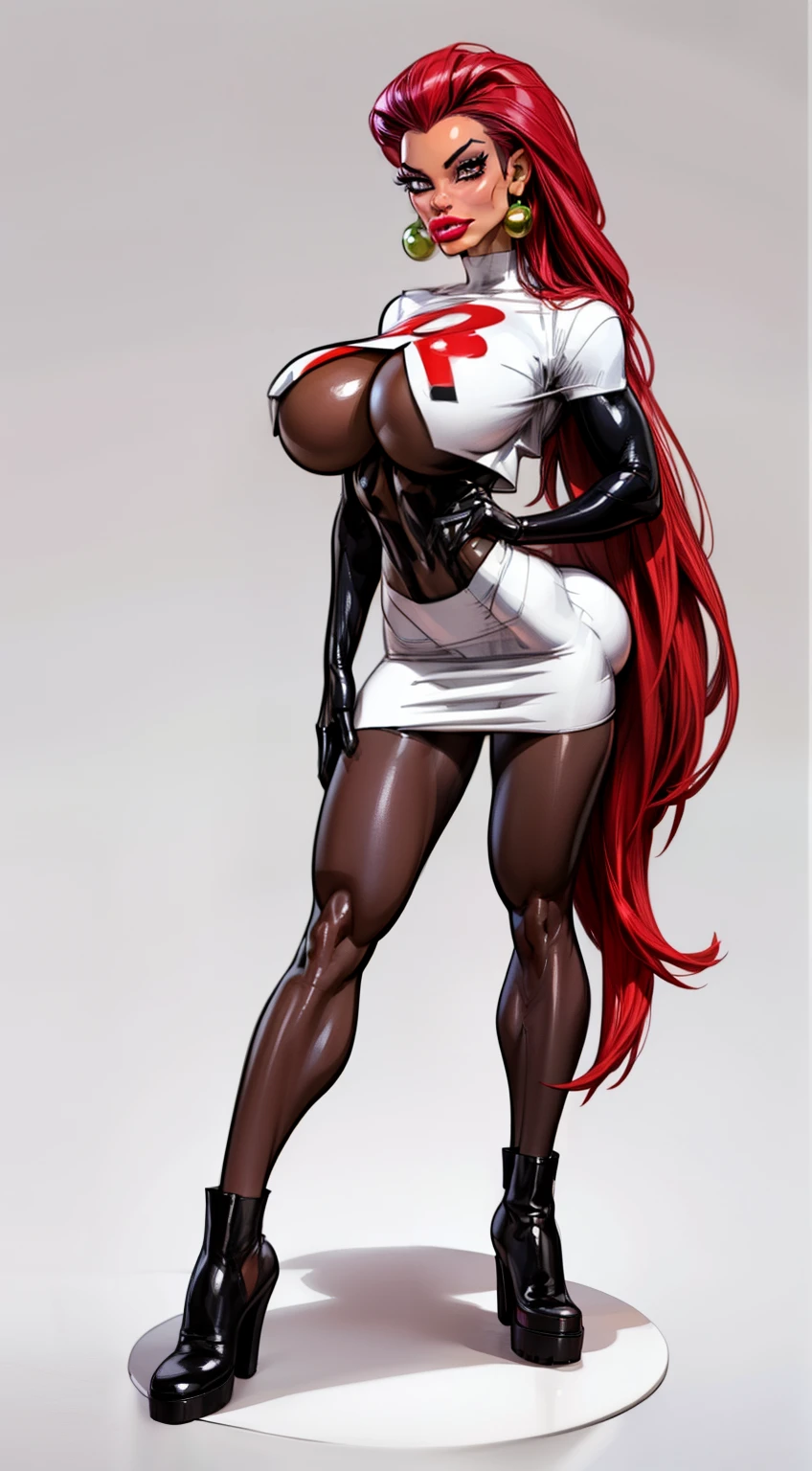 ((masterpiece)),(((best quality))), Pokémon character Jessie, ((team rocket uniform)) ((Jessie)), ((full body view)) (((long hair))), mature face, (red violet hair),((asian eyes:1.4)), (((black boots))), (slicked back hair), ((((black pantyhose)))), defined cheekbones, high cheekbones, illustration, muscular, sexy bimbo, (gigantic breasts:1.3) red hair, ((detailed face:1.4)) beautiful woman, (black gloves :1.2), (white skin:1.4) , (red lipstick:1.4), shiny skin, scribbles and marks,(puffy lips:1.4) , (giant red R on shirt), rough sketches, pose, 8k,16k, (simple background, white background: 1.3) ((cool color palette)), ((white crop top, white skirt))