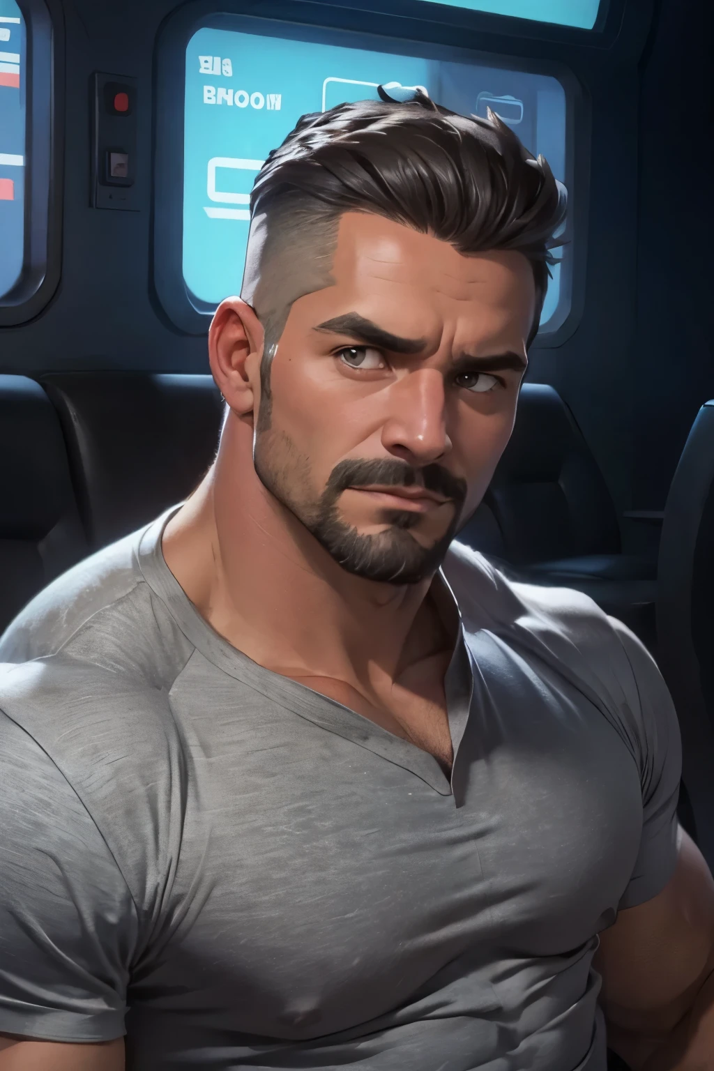 Masterpiece, Best Quality, Ultra Detailed, 1man, mature male, muscular, hunk, bara, jock, beef, black skin, black, taned skin, latino, 36 years old, black hair, grizzly hair, goatee, overcut hair, looking at the viewer, serious expression, gray shirt, half body shot, sci-fi subway background