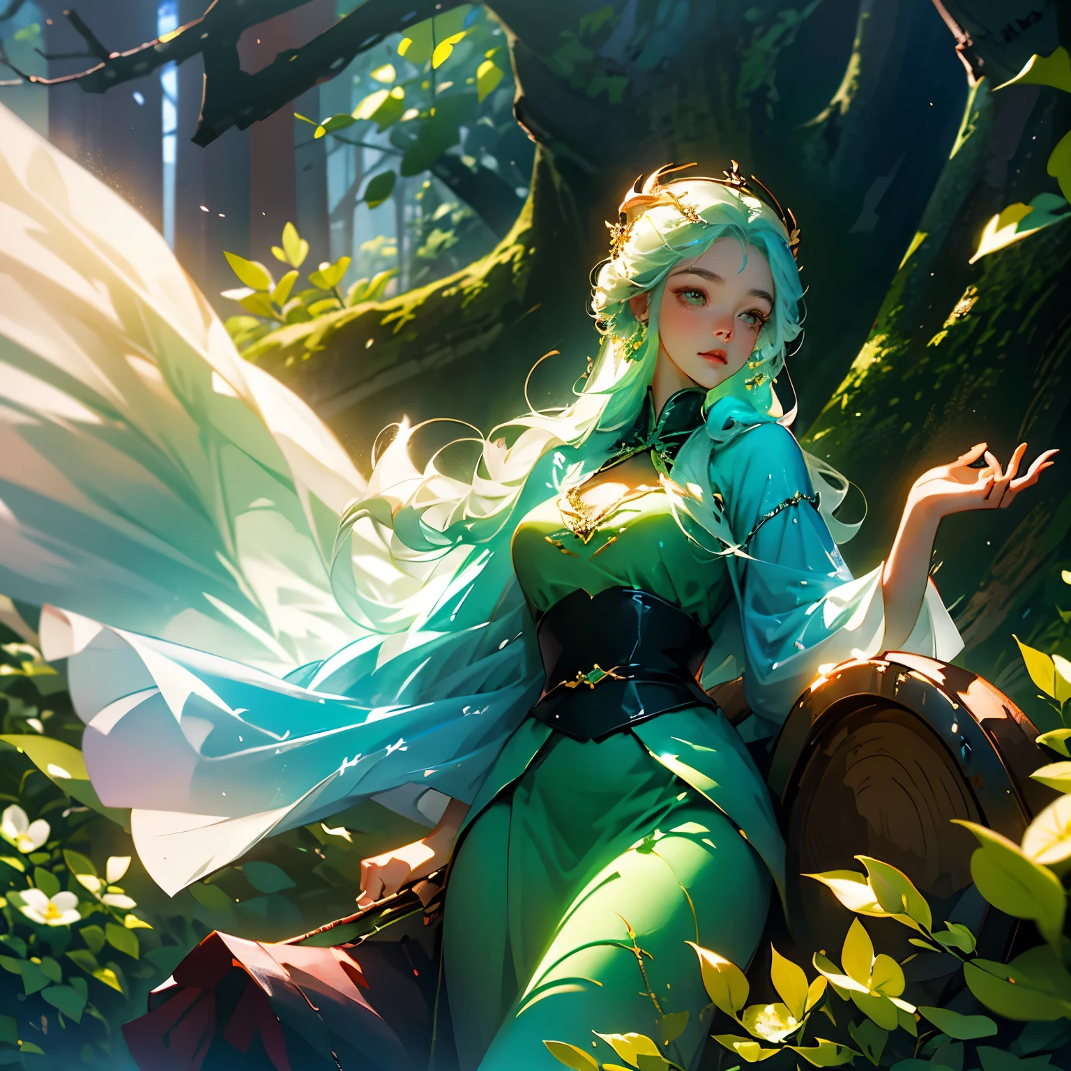In the serene tranquility of a secluded glade, nestled among the verdant foliage, lies a beautifully young girl with a bluish-green dragon that is both large and magnificent by her side. The dragon, an ethereal creature of myth and legend, possesses magnificent wings that span the width of the glade, their feathers glistening with an iridescent luster. The girl, her skin as soft and pale as the petals of a blooming flower, sleeps peacefully with one hand resting on the dragon's gigantic paw, her sensuous lips parted in a gentle smile. The scene is bathed in the radiant light of the setting sun,