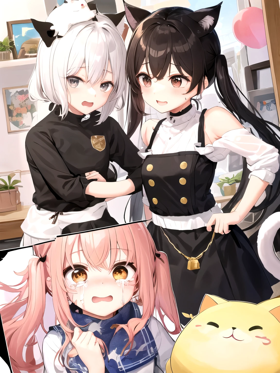 A girl frontal,((full bodyesbian,whaite hair,curlies,the maid outfit)),Put your hands in front,Young, White background
