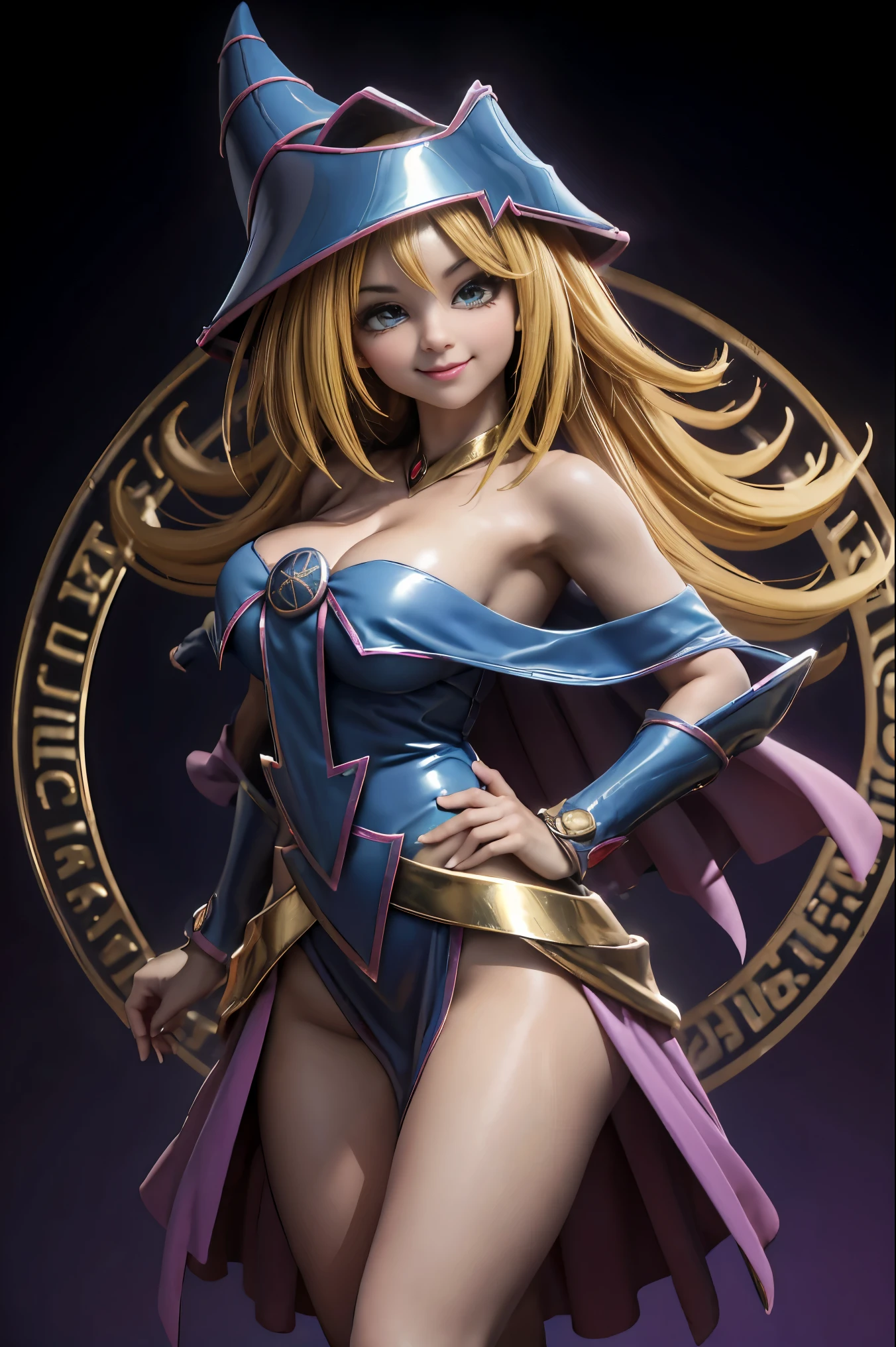 Dark magician gils en el aire, she comes out of a magic circle of heart. Magic hearts background. Sonrisa en sus labios. Ojos celestes. Cabello dorado. Pose sensual. Levitando en una pie. Tiene tacones. 1.1 Usa tacones azules y dorados . Usa tacones 