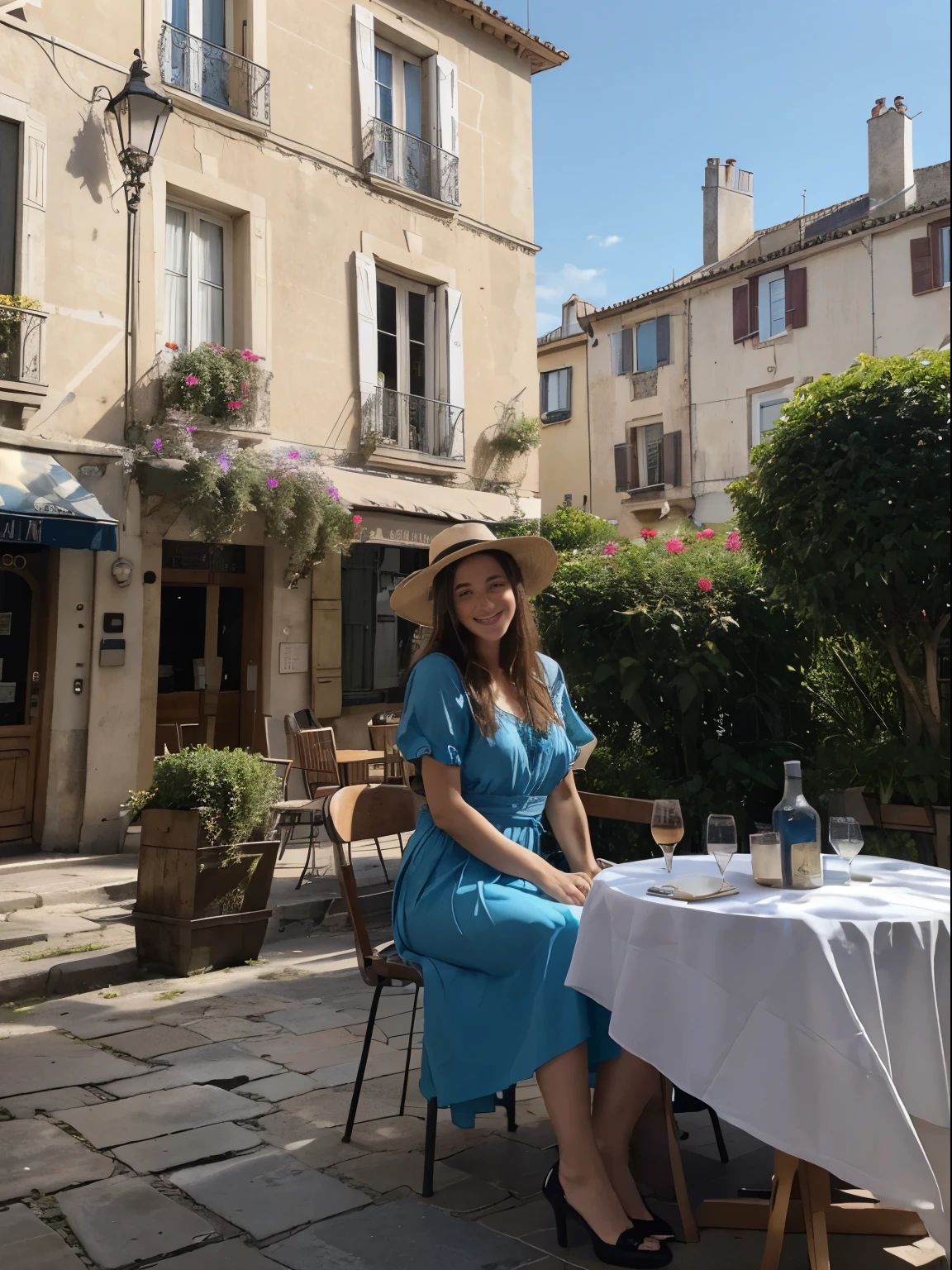 (meilleure qualité,haute résolution,Ultra-détaillé:1.2), HDR, Couleurs vives, belle fille, Place de Barcelone, Atmosphère animée, architecture de charme, fleurs colorées, gens heureux, vue imprenable, café confortable, repas en plein air, temps ensoleillé, robe élégante, chapeau élégant, Expression joyeuse, Cheveux longs et flottants, artistes de rue dynamiques, foule animée, musiciens de rue, stands de nourriture alléchants, REPERES historiques, pavé de mosaïque, fontaines décoratives, palmiers, ciel bleu, chaud soleil, rire et rire, moments d&#39;insouciance