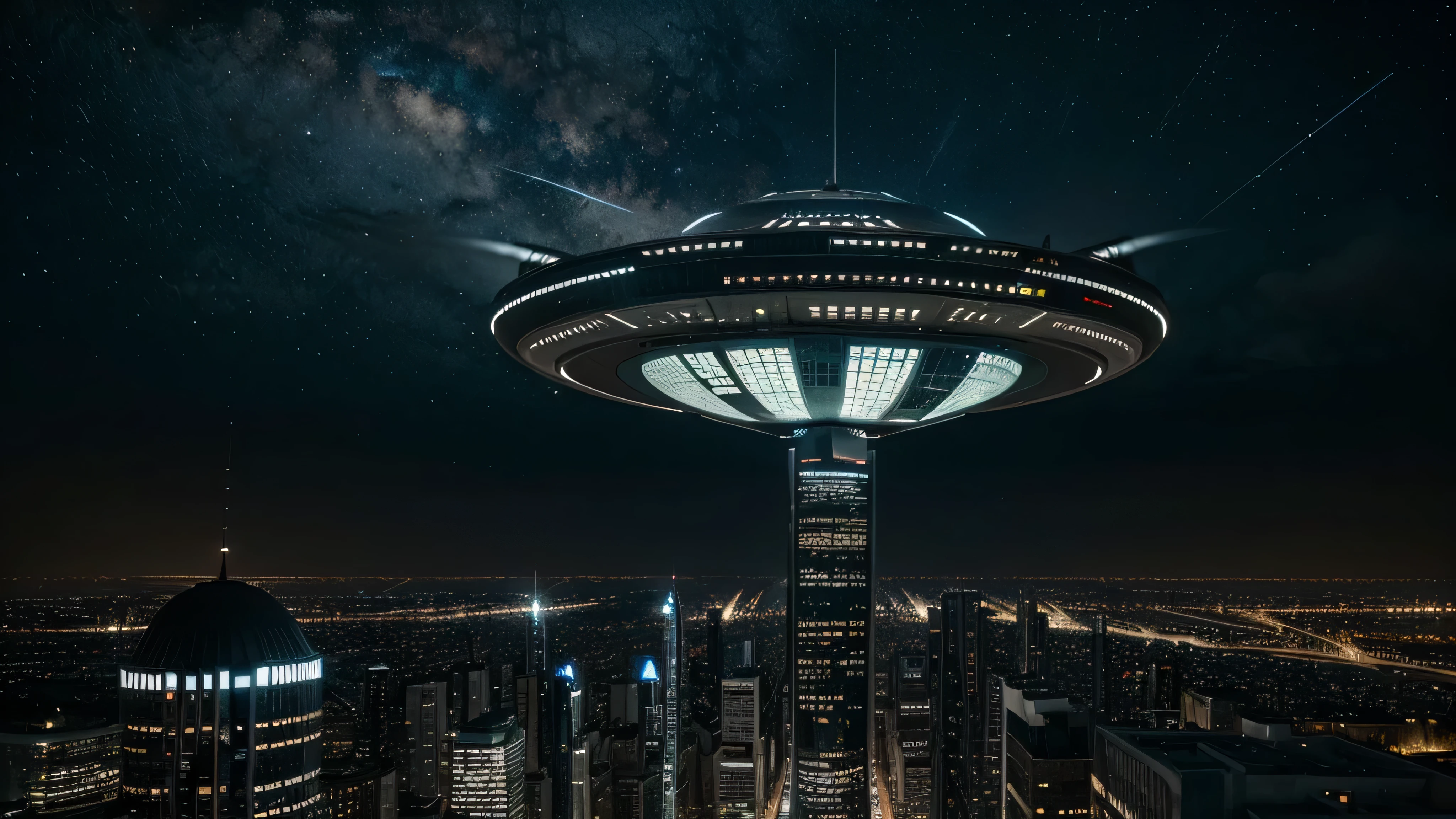Crea una imagen de una ciudad futurista, with flying vehicles, muchos letreros luminosos sobre los edificios, Large buildings that defy gravity under a starry night