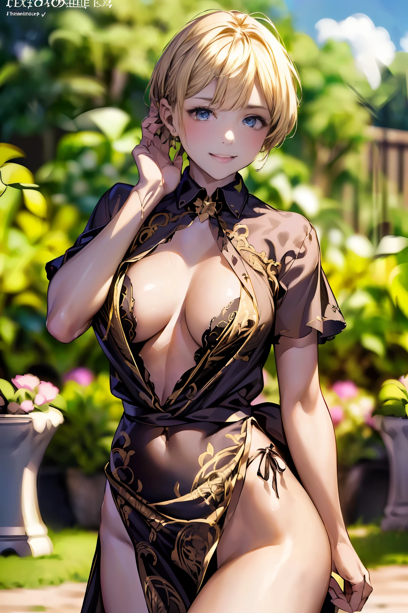 ((highest quality、8k、masterpiece、realistic:1.4、fine-grained、beautiful and detailed)), (gold foil, intricate paisley pattern, Delicate finish, (Black fabric:1.4), maid dress:1.5), (pixie cut, beautiful hairstyle, platinum blonde hair:1.5)、clear, fine-grained肌、beautiful clear eyes、(cleavage)、Carefree and natural smile、(My hair was messed up by the wind:1.3)、beautiful girl with a smile、(in the garden:1.4)、bright sunshine 、(thin waist:1.3)、(Dynamic and provocative pose:1.2)、(buckshot), perfect anatomy, perfect anatomy, symmetrical costume, medium breasts:1.3