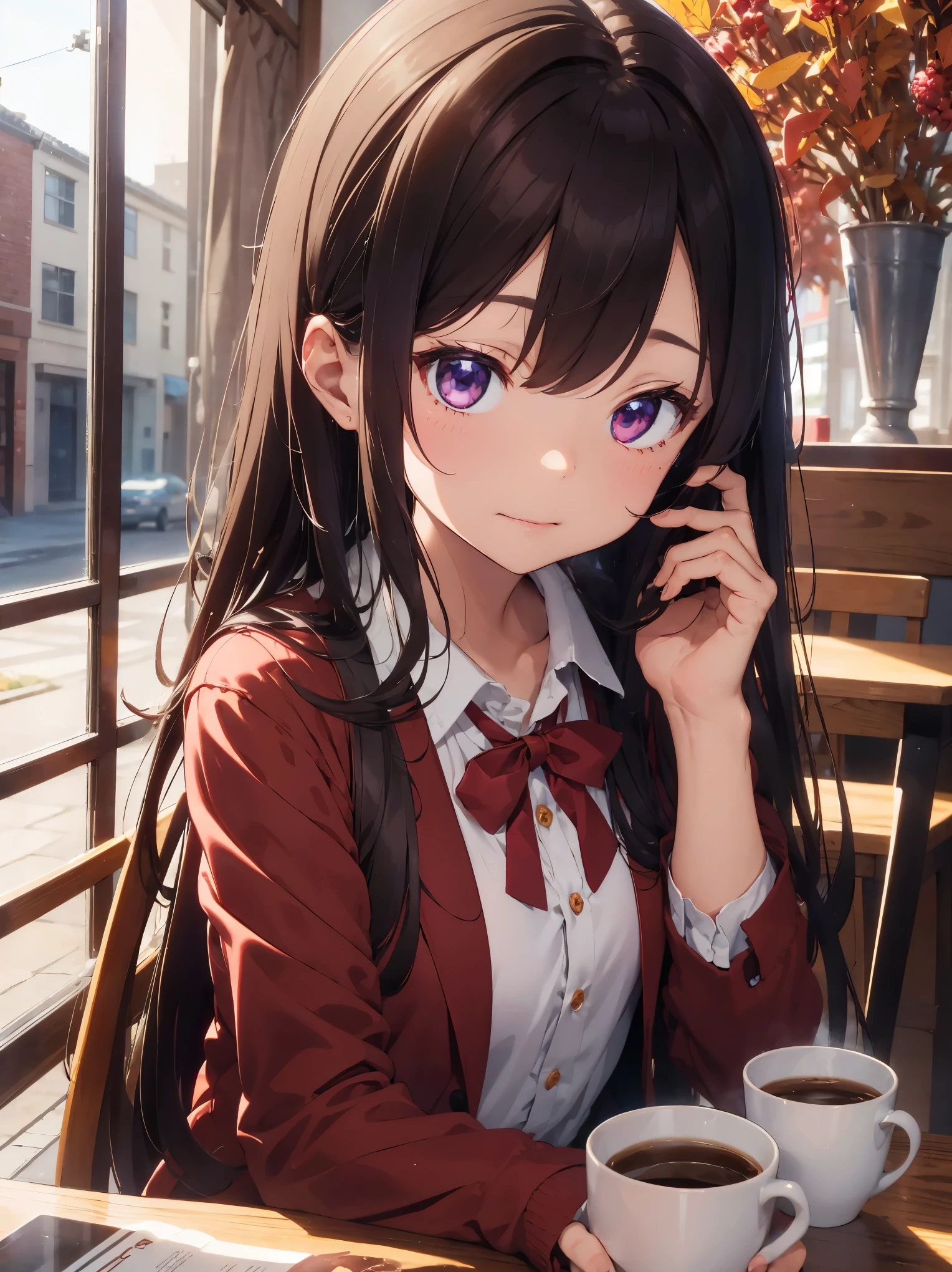 Light brown long hair、Red ribbon on dark blue blazer school uniform、red-purple eyes、autumn landscape、Drink a hot cup of coffee、 Bright colors、Inside the cafe、bust up shot, delicate drawing、 8k