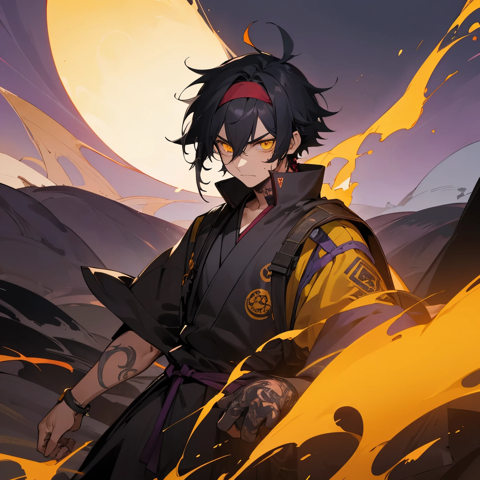 1male, Tattoo’d Arm , adult male, somber expression, volcano, black Yukata, yellow eyes , Purple Headband , Messy black hair , perfect generation , masterpiece quality , Combat Clothing