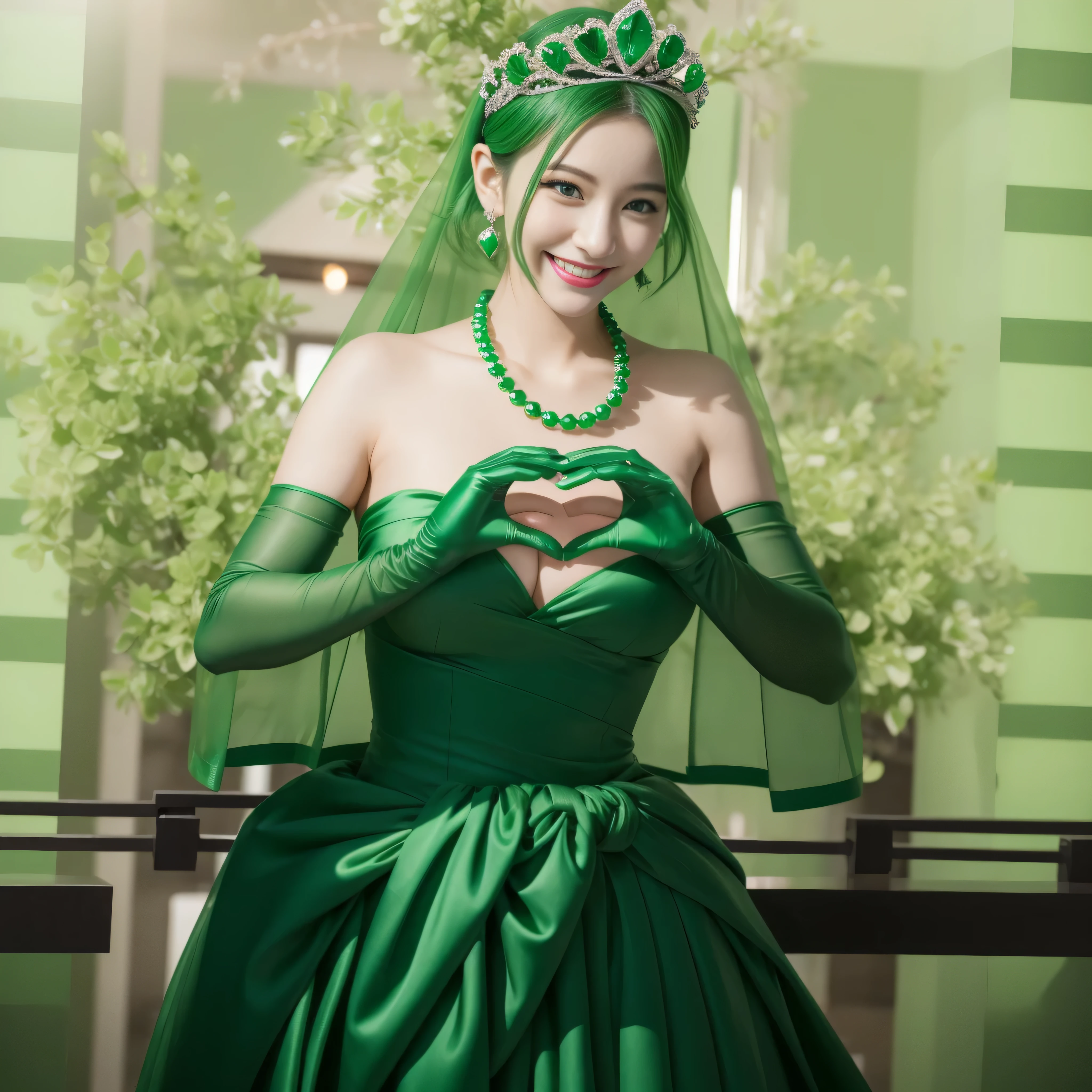 emerald tiara, Green Pearl Necklace, ボーイッシュな非常に短いgreen hair, lipstick, smiling Japanese woman, very short hair, beauty of big breasts, green eyes, green satin long gloves, green eyes, emerald earrings, Green veil, Heart with both hands, green hair, beautiful japanese woman, heart shaped hands:1.3, green lip gloss