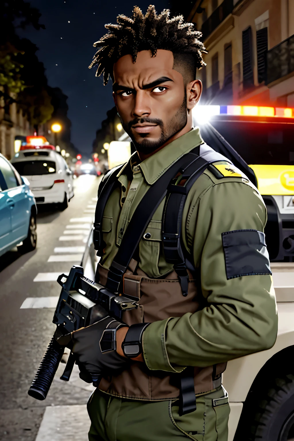 soldado com arma, em Paris, noite, ruas, carro, obra-prima, olhos detalhados, rosto detalhado, alta qualidade, Brown skin