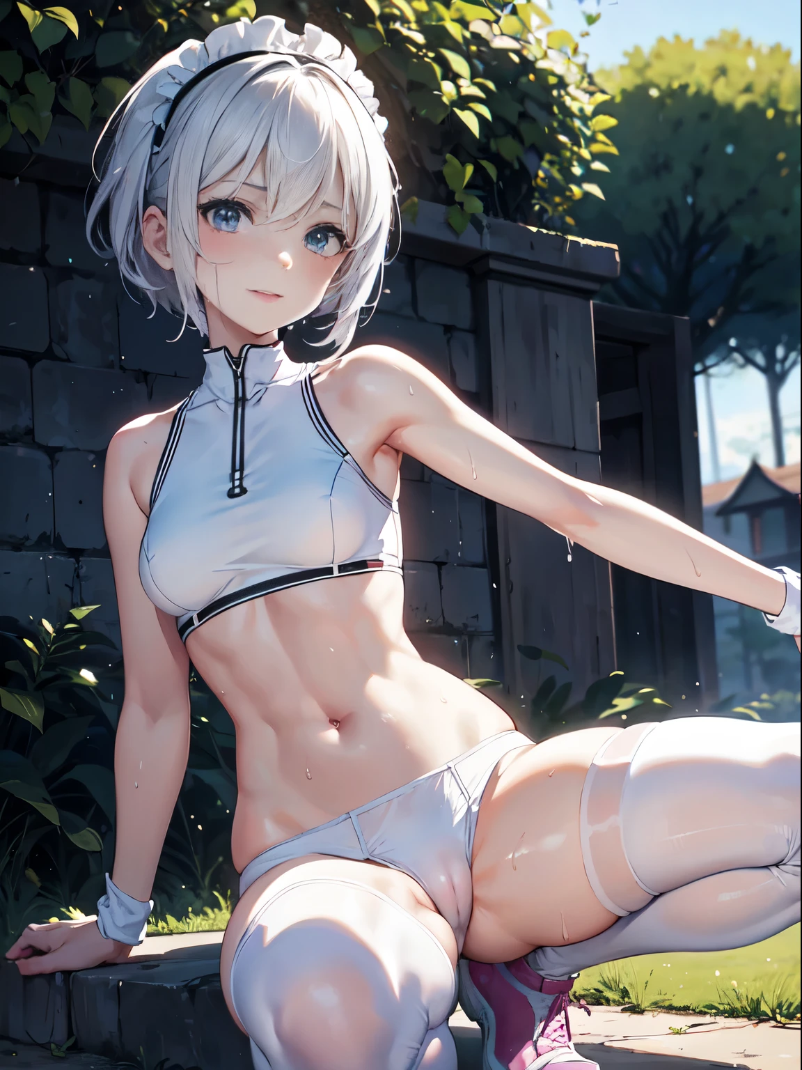 1 girl, Perfect body,Slim, , pale skin, garden,Crowds of people, running,exercise well,The light is shining,A girl with short white hair and a tight white thong,Pink skin under thong,There is a white fluid in the abdomen,armpit,beautiful anime girl, Anime Barbie wearing white knee-high stockings, pretty face,small breasts,Wearing a white tight sports bra,Expose lower breasts, smooth pink skin,marks of strangulation,sweating,wet,(facial)Smile