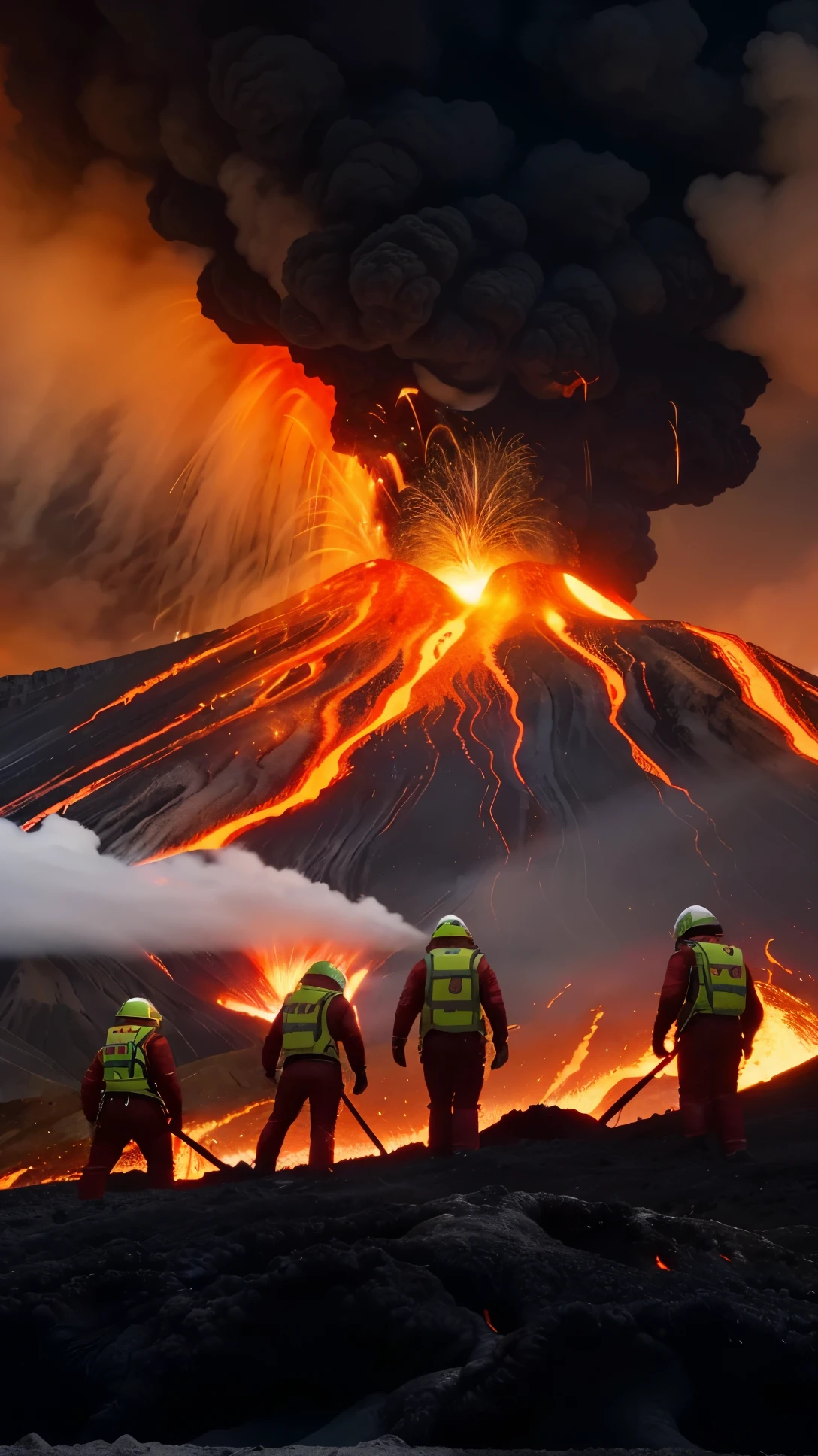 a group of people in front of a volcano, a color photo by Yi Insang