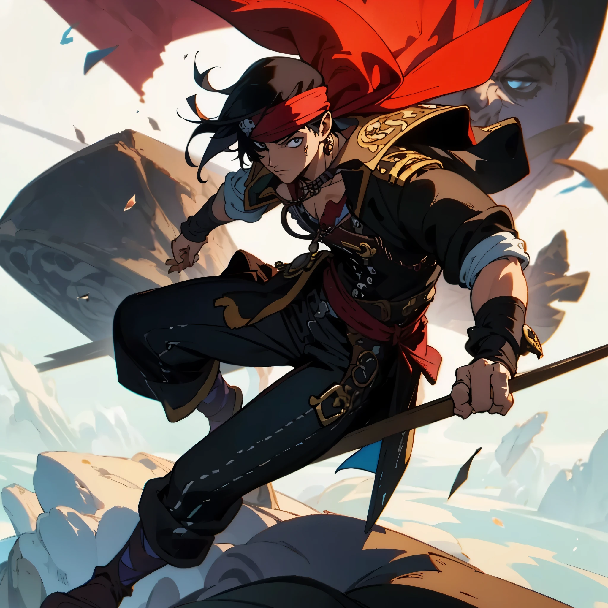 "Create a breathtaking fullbody masterpiece featuring a captivating pirate character with black hair, a patch over his right eye, wearing a doublet and a bandana on his head, set against a stunning se