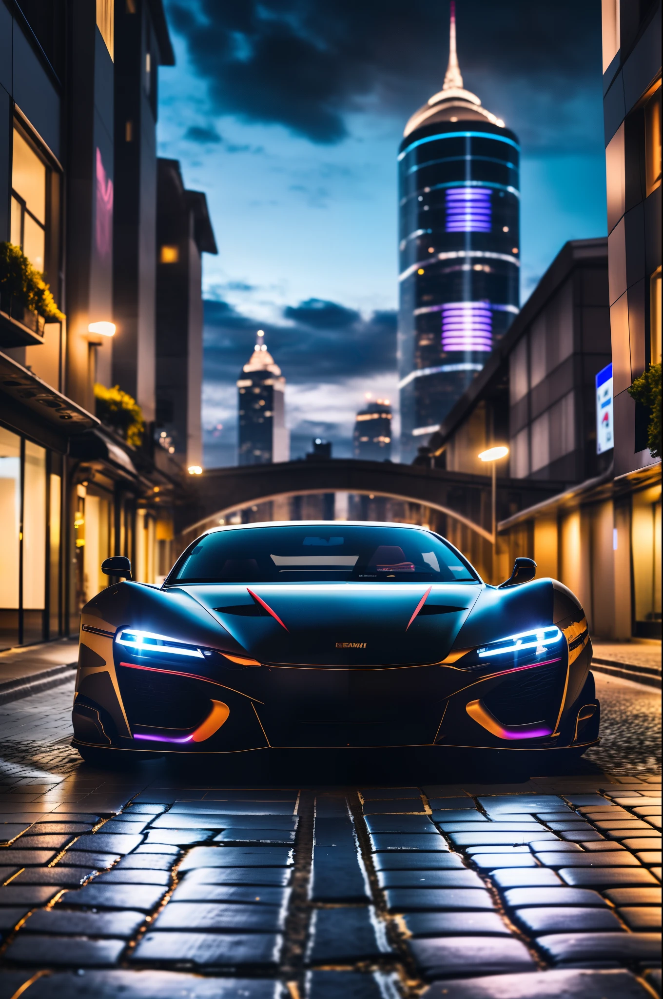 a close up of a car parked on a city street, hq 4k phone wallpaper, futuristic street, supercar, 4k vertical wallpaper, 4 k vertical wallpaper, sportcar, amazing wallpaper, by Alexander Bogen, 8 k vertical wallpaper, 8k vertical wallpaper, by Adrian Zingg, sport car, sports car, 8k in the style