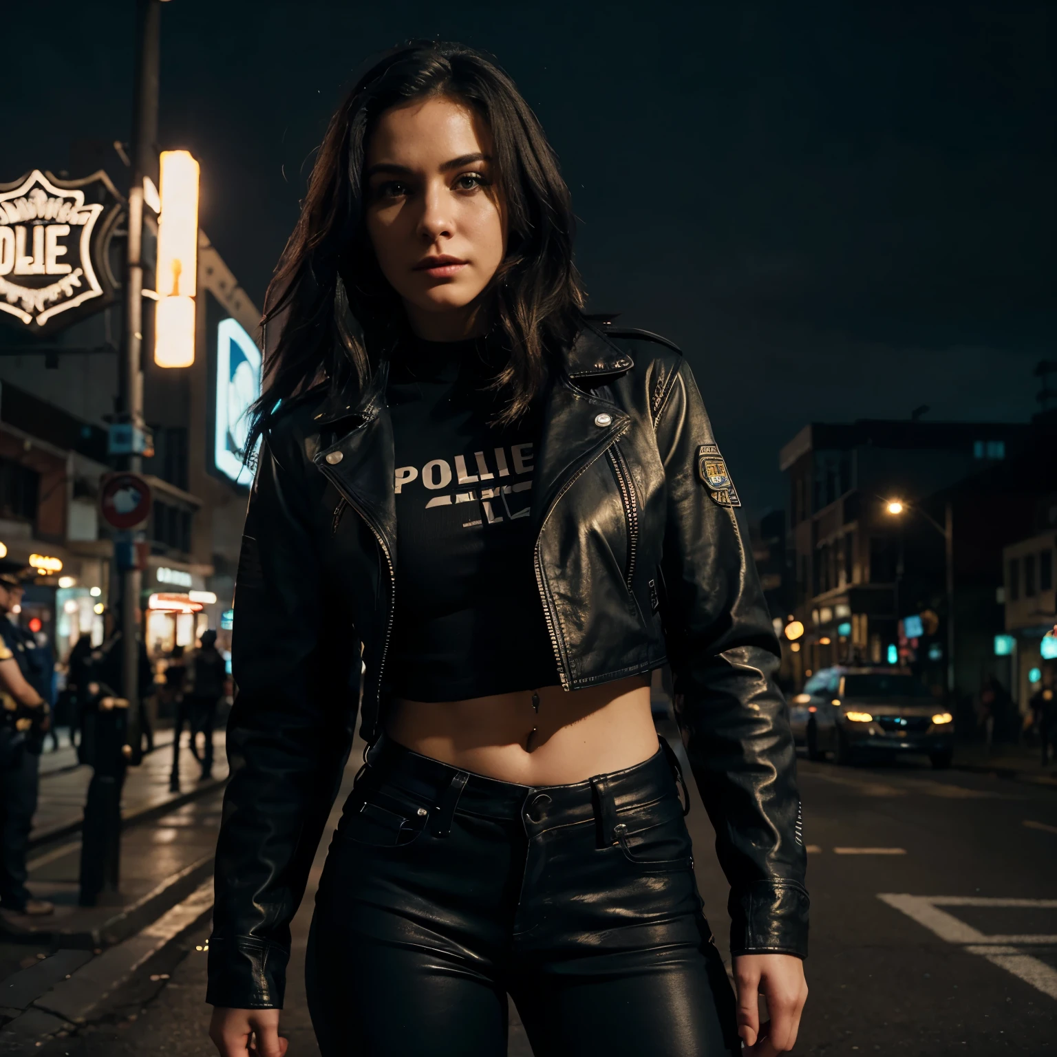 Photo by Emp Hayes, Beautiful Face, In a cyberpunk city at night. She is wearing an open leather jacket,underwear, Black Jeans, Dramatic lighting, (Police Badge:1.2).