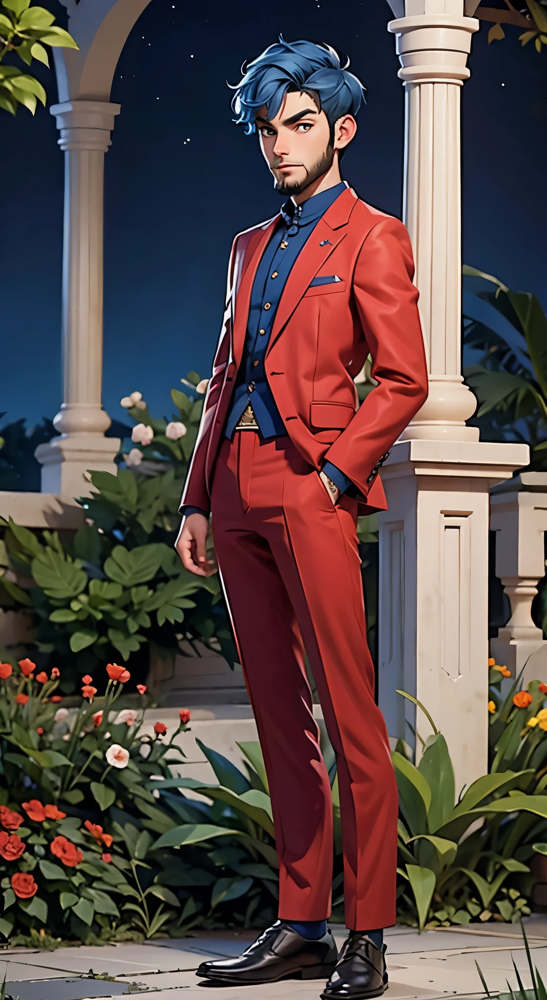 18 year old man, short blue hair, he wears a red elegant suit, he has days of beard. Background garden in the night. Full body
