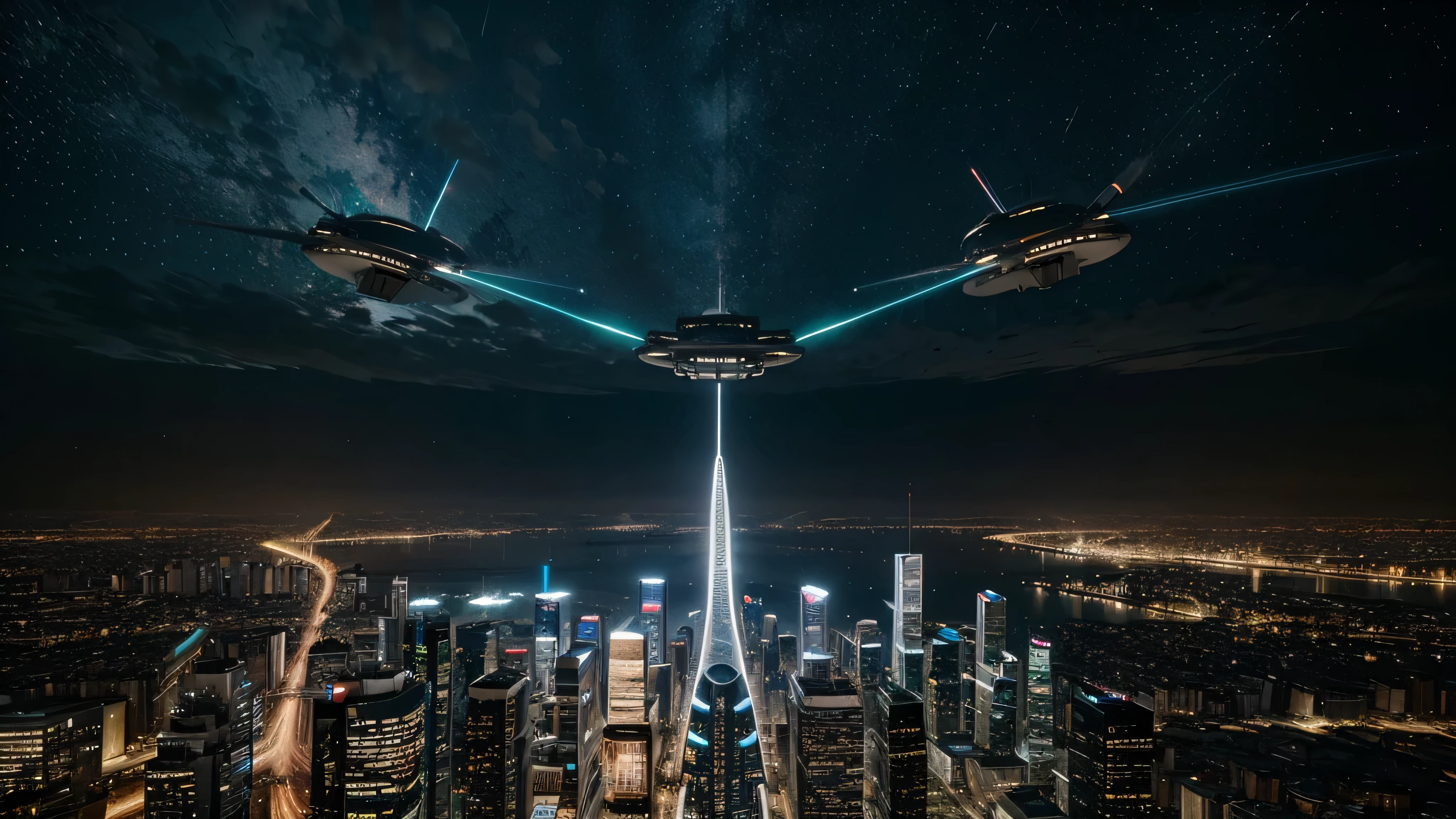 Crea una imagen de una ciudad futurista, with flying vehicles, muchos letreros luminosos sobre los edificios, Large buildings that defy gravity under a starry night