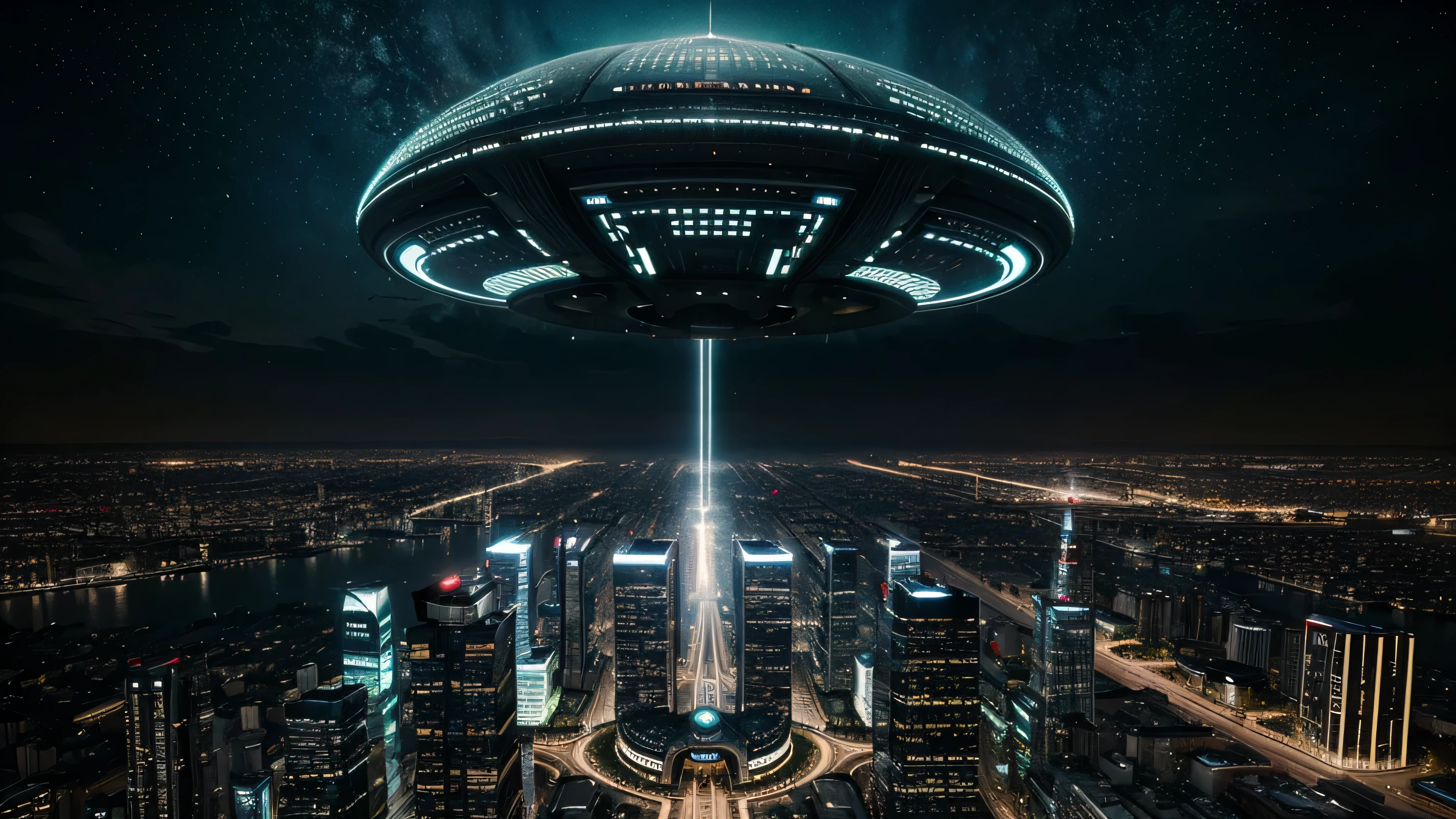 Crea una imagen de una ciudad futurista, with flying vehicles, muchos letreros luminosos sobre los edificios, Large buildings that defy gravity under a starry night