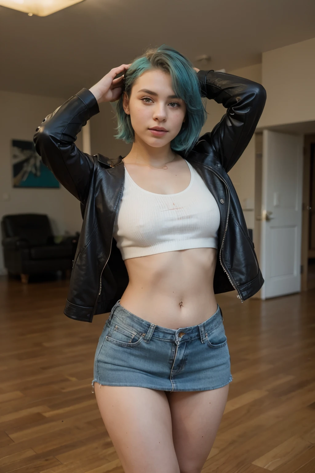 beautiful woman with turquoise hair, light freckles, standing with legs spread open, wearing a jean denim skirt, black leather jacket on top, yellow tank top inside, woolen knee length socks, slim body, fit, thick thighs, dreamy and romantic compositions, model pose