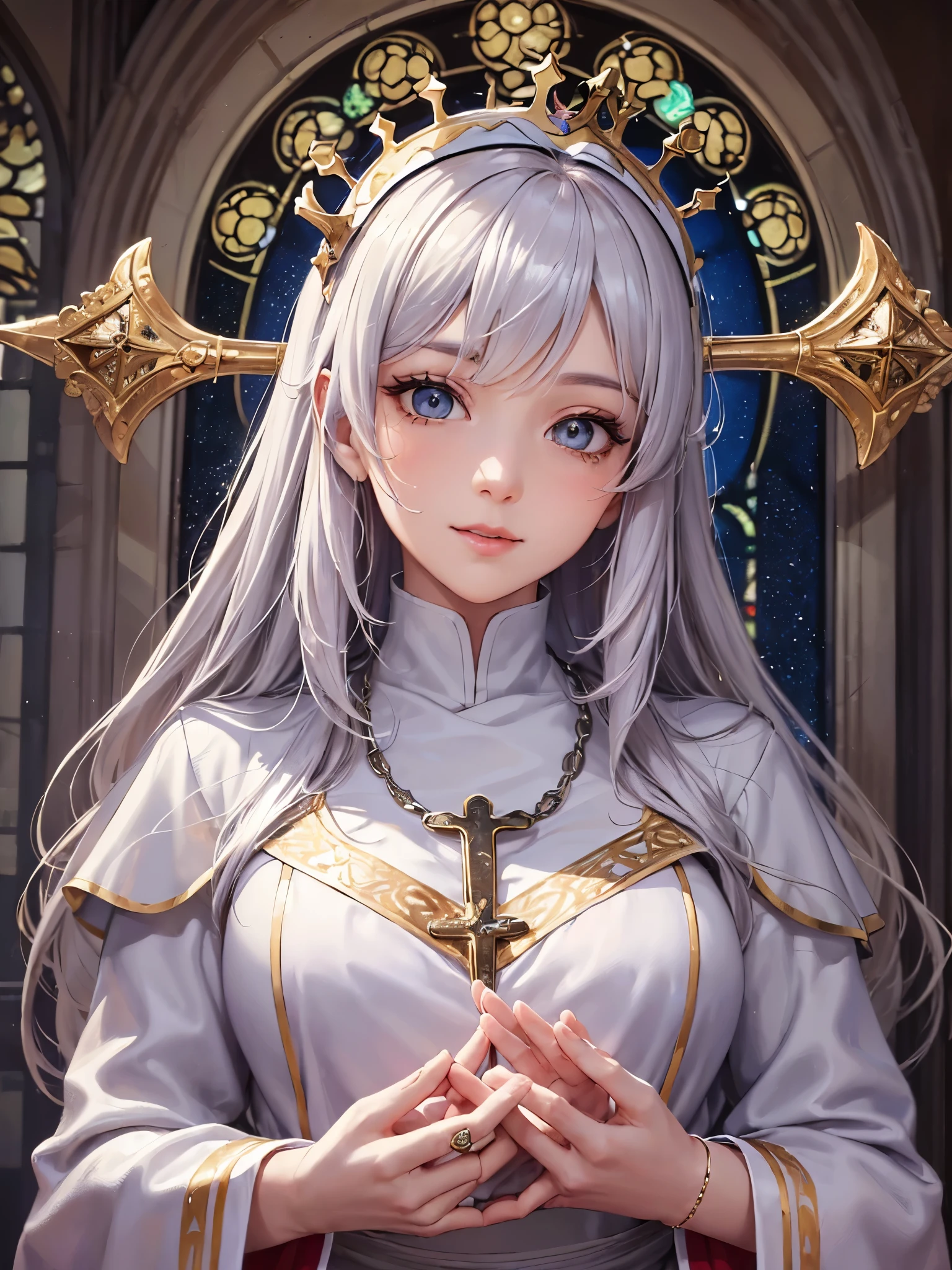 ((highest quality)),(ultra high resolution),(Super detailed),(detailed description),((best CG)),(best work of art),super precision art,amazing drawing art,(Fantasy art with precise details:1.5), (1 female pope:1.5),(beautiful and well-shaped face:1.5),Eyes full of compassion:1.5,A smile that gives peace of mind:1.5,(Bright eyes:1.5),(shiny hair:1.6),(A detailed silk robe:1.6),,((A luxurious episcopal crown with intricate details:1.6)),:1.4,rosary around the neck:1.3,