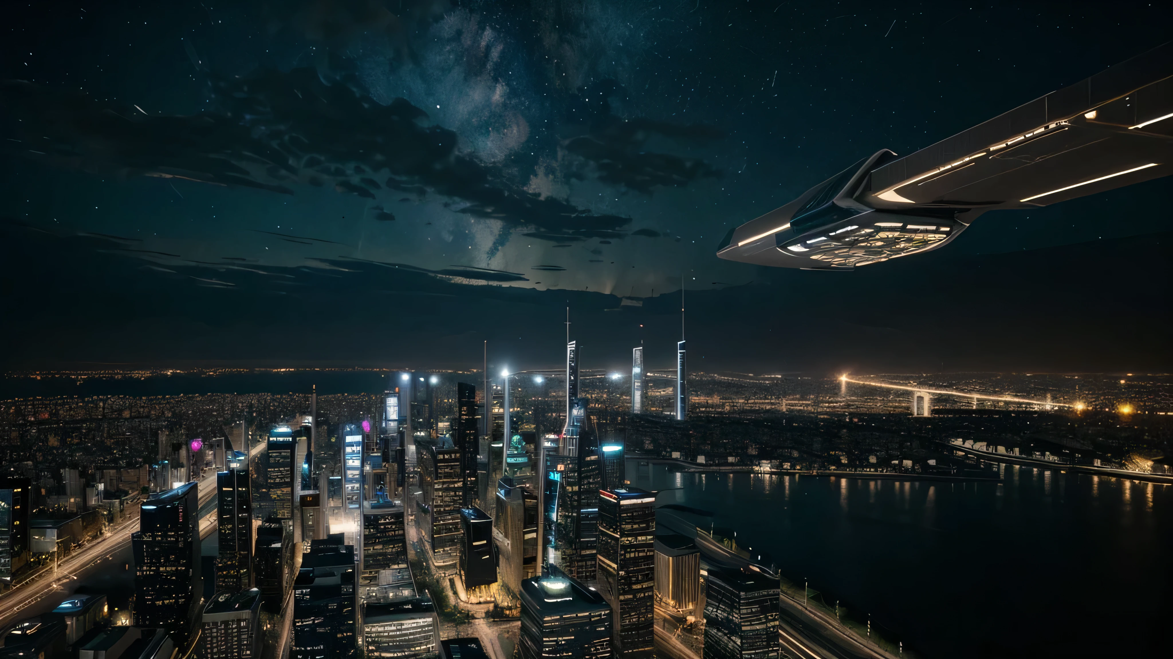 Crea una imagen de una ciudad futurista, with flying vehicles, muchos letreros luminosos sobre los edificios, Large buildings that defy gravity under a starry night